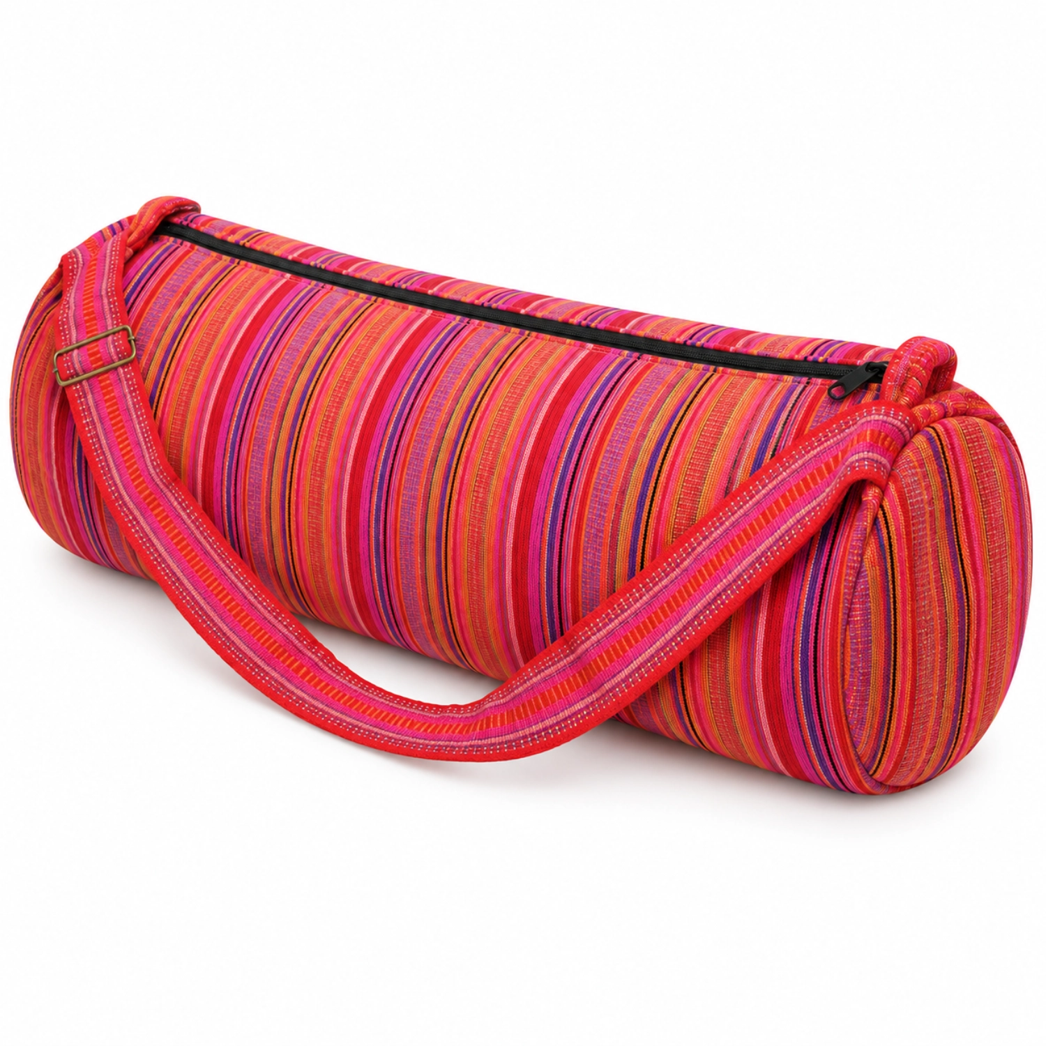 Zylindrische Stofftasche mit Schultergurt, Reißverschluss und buntem Streifenmuster in Rot, Pink, Orange und Violett.