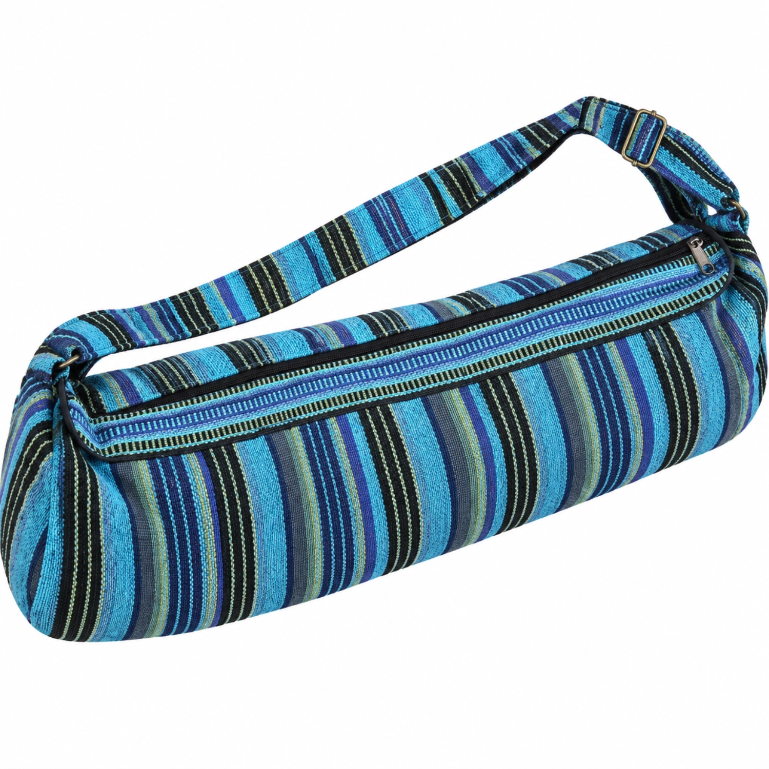 Längliche Stofftasche mit blau-schwarzem Streifenmuster, Reißverschluss und verstellbarem Schultergurt vor weißem Hintergrund
