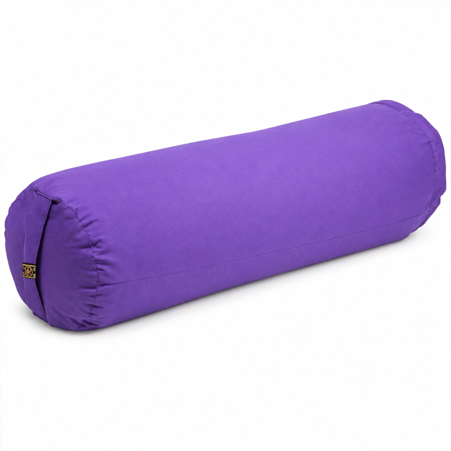 Violettes, längliches und zylindrisches Yogakissen auf weißem Hintergrund