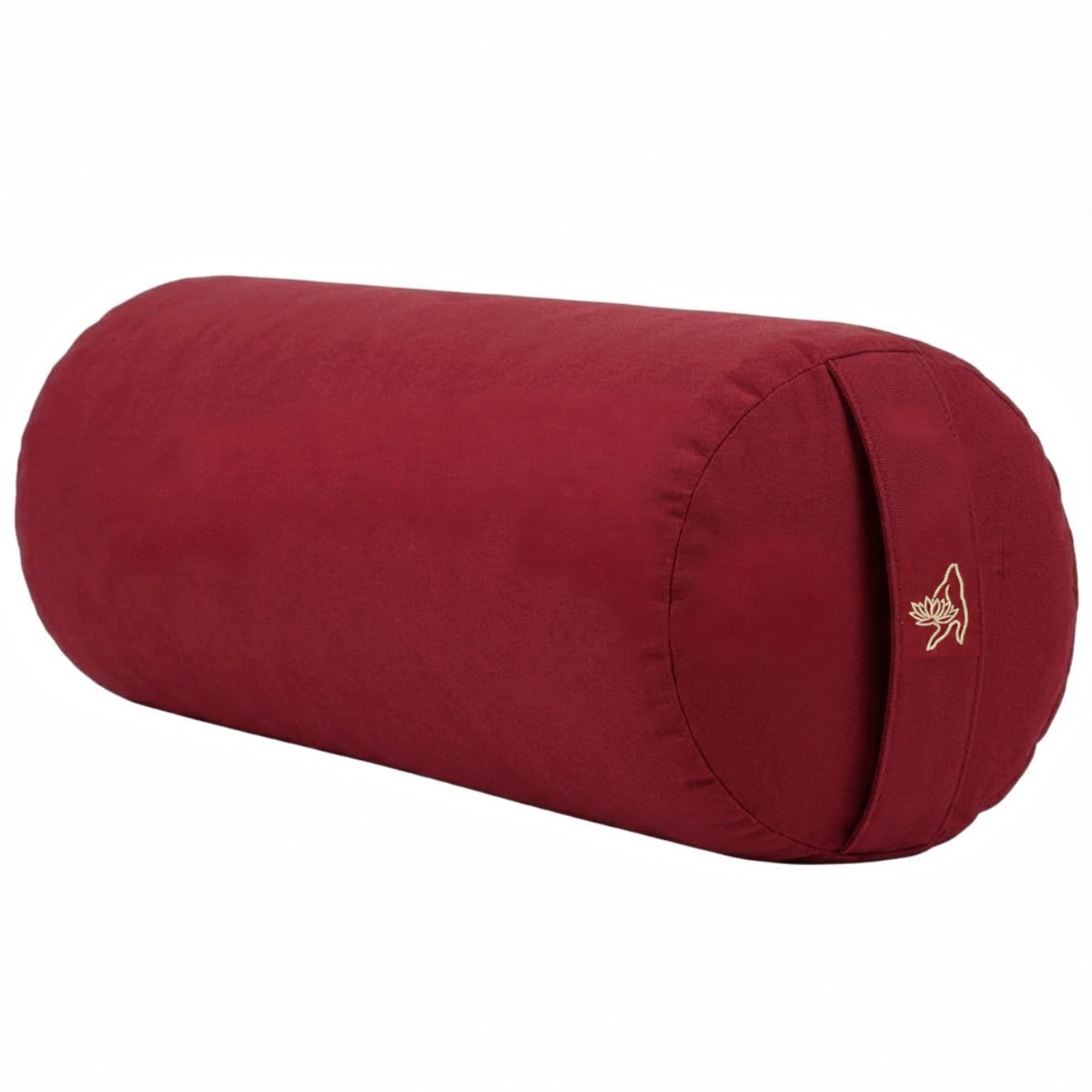 Rotes zylindrisches Yoga-Bolster mit Trageschlaufe und kleinem Lotus-Symbol vor weißem Hintergrund