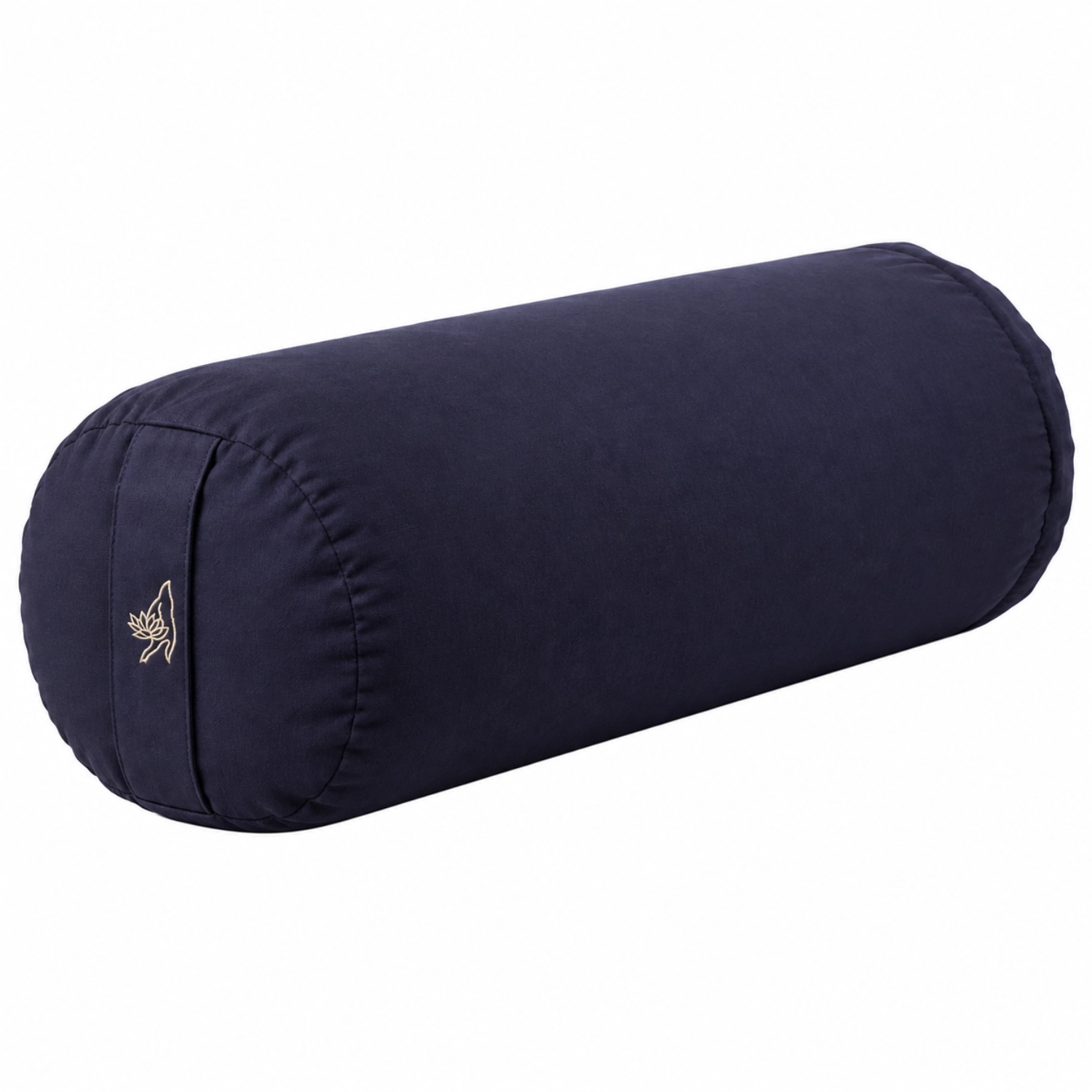 Dunkelblaues, zylindrisches Yoga-Bolster mit Tragegriff und kleinem Lotus-Symbol auf weißem Hintergrund