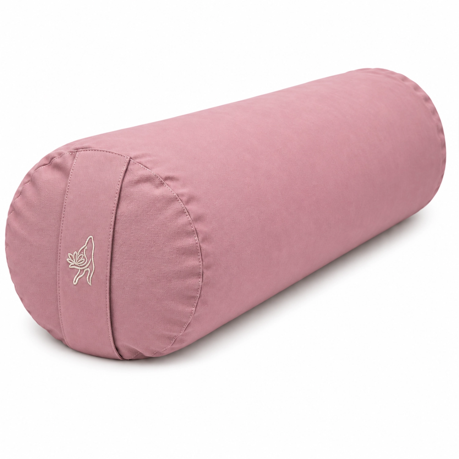 Rosa zylindrisches Yoga-Bolster mit Trageschlaufe und dezenter Stickerei auf weißem Hintergrund