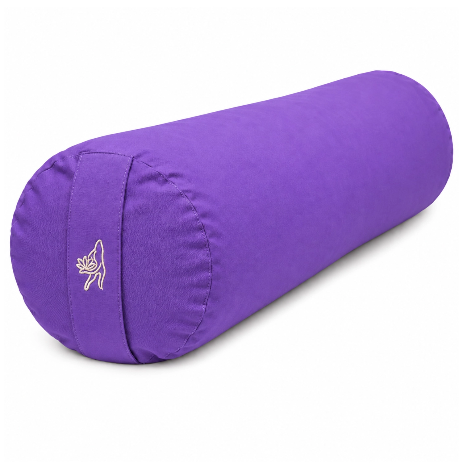 Violettes zylinderförmiges Yoga-Bolster mit Tragegriff und kleiner heller Stickerei auf weißem Hintergrund