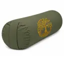 Olivgrünes rundes Yoga-Bolster mit goldfarbener Lebensbaum-Stickerei