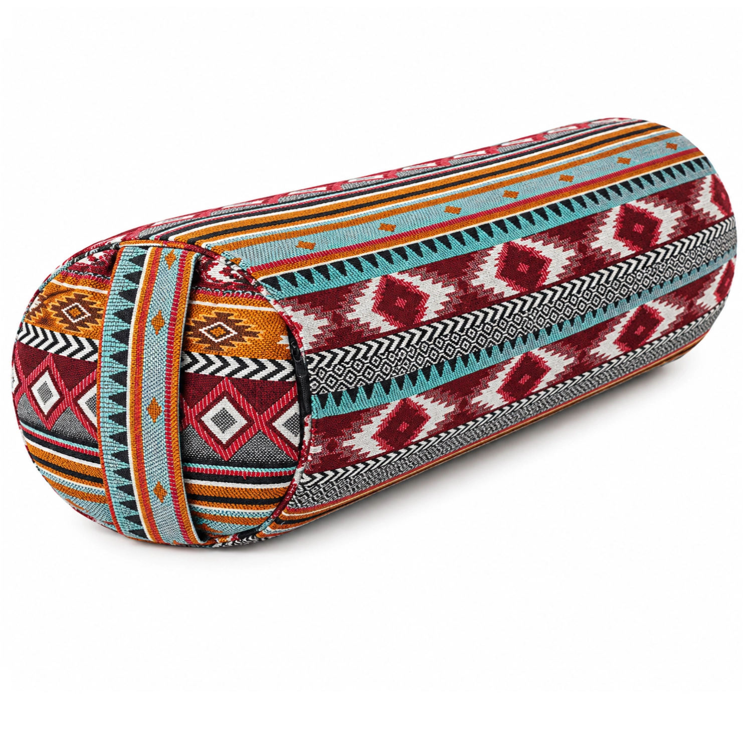 Zylindrische Stofftasche mit Tragegriffen und buntem geometrischem Muster in Rot, Türkis, Orange, Weiß und Schwarz vor weißem Hintergrund.