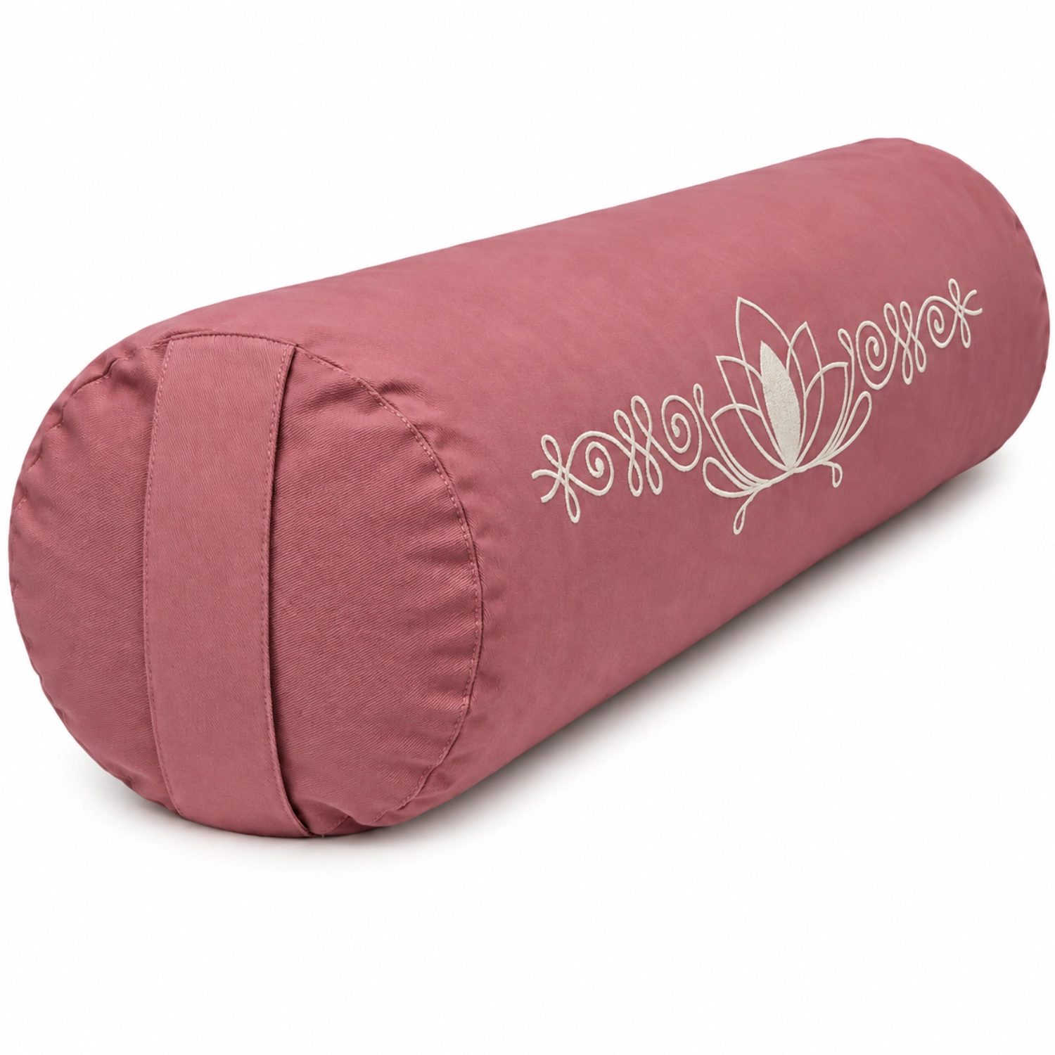 Zylindrisches rosa Yogakissen mit heller Lotus-Stickerei und Trageschlaufe vor weißem Hintergrund
