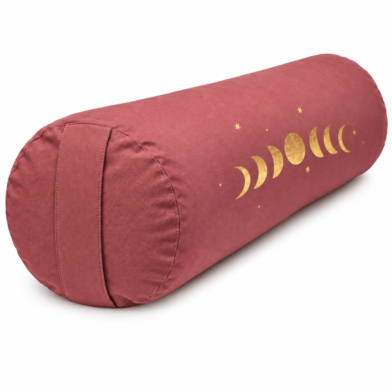 Zylindrisches rotes Yoga-Bolster mit Trageschlaufe und goldenem Mondphasen- und Sternenmuster auf weißem Hintergrund