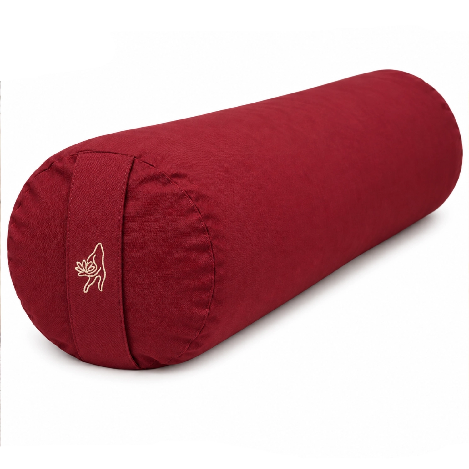 Rotes zylindrisches Yoga-Bolster mit Tragegriff und kleinem aufgesticktem Motiv vor weißem Hintergrund.
