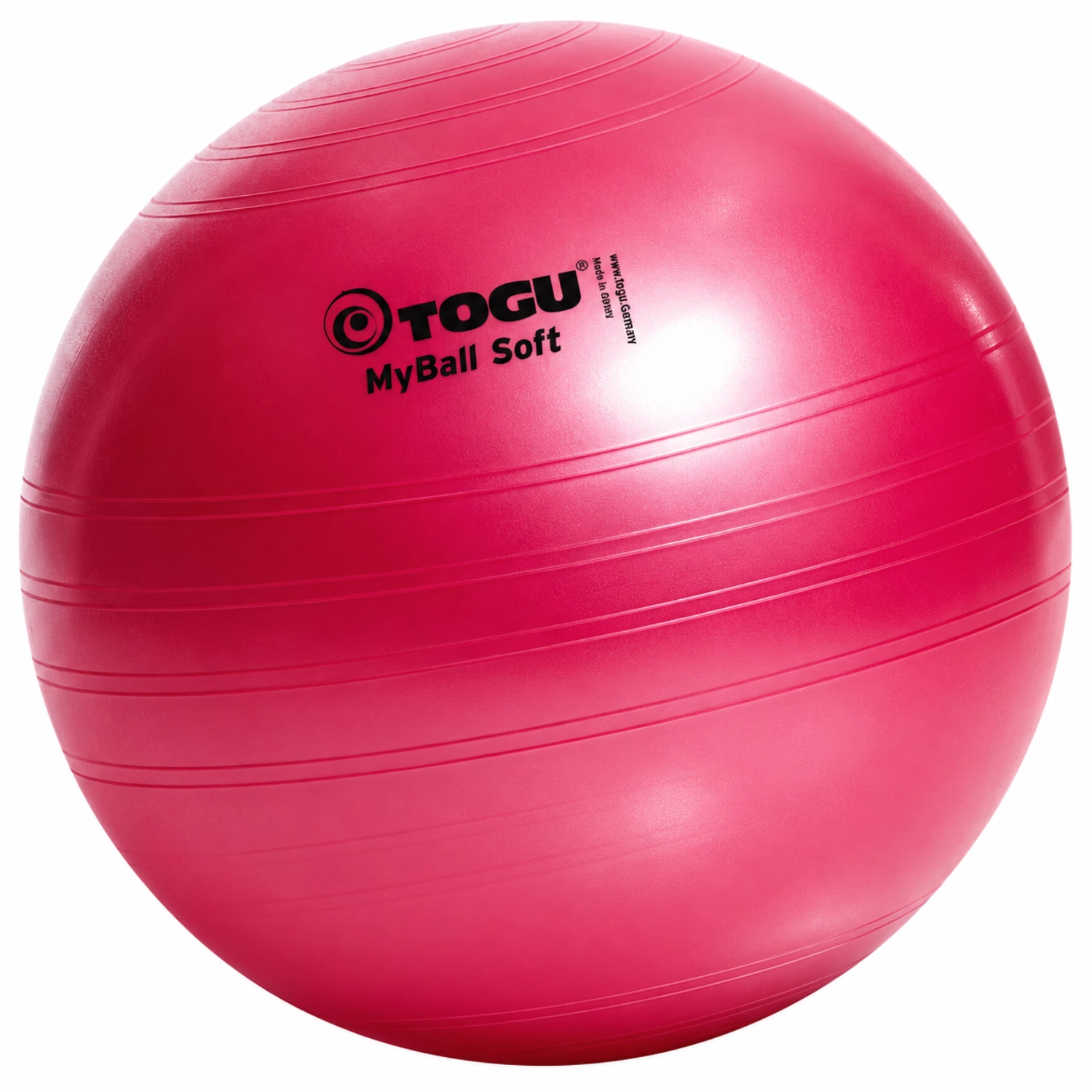 Großer pinker TOGU MyBall Soft Gymnastikball mit umlaufenden Rillen vor weißem Hintergrund