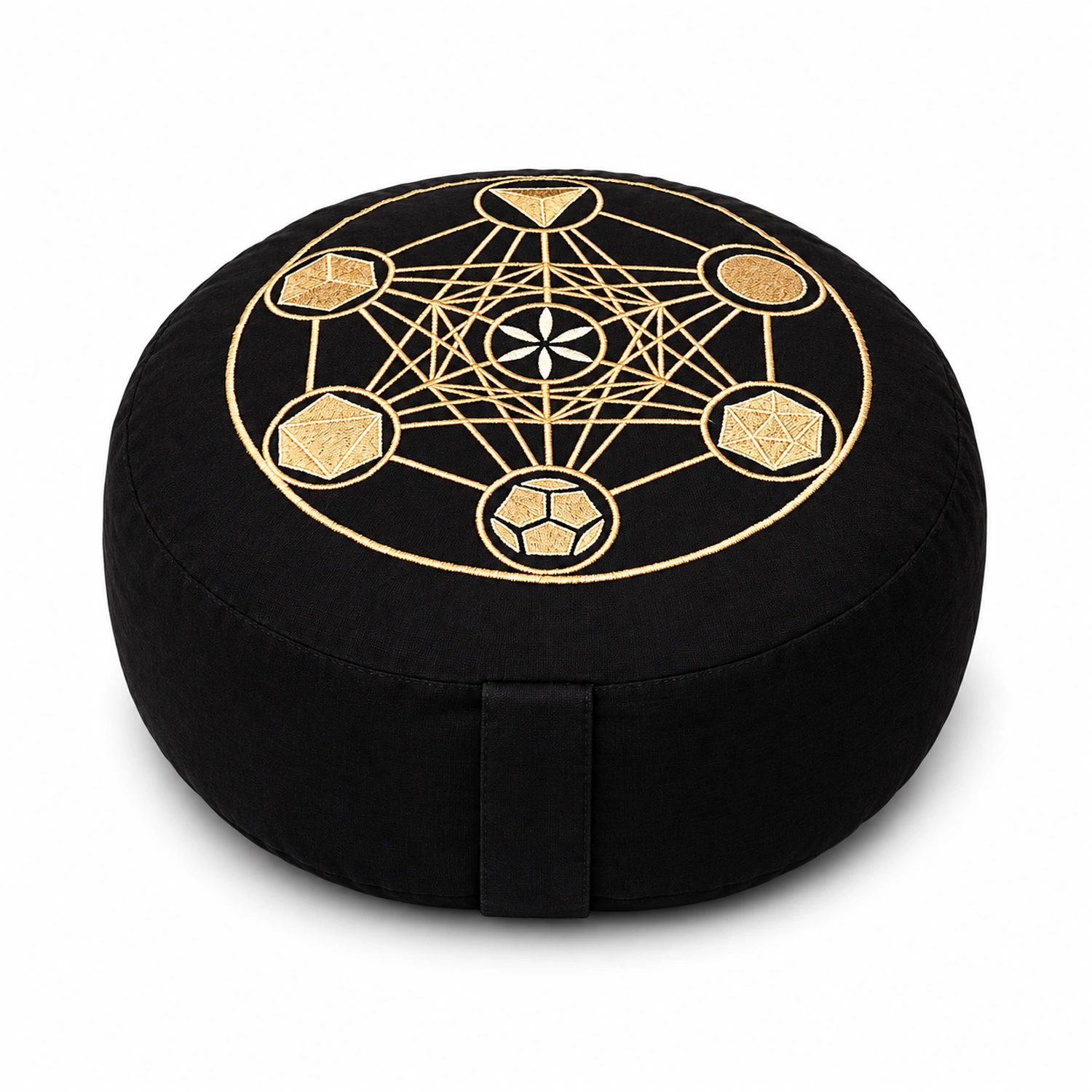 Schwarzes rundes Meditationskissen mit goldfarbener geometrischer Metatronstickerei auf der Sitzfläche