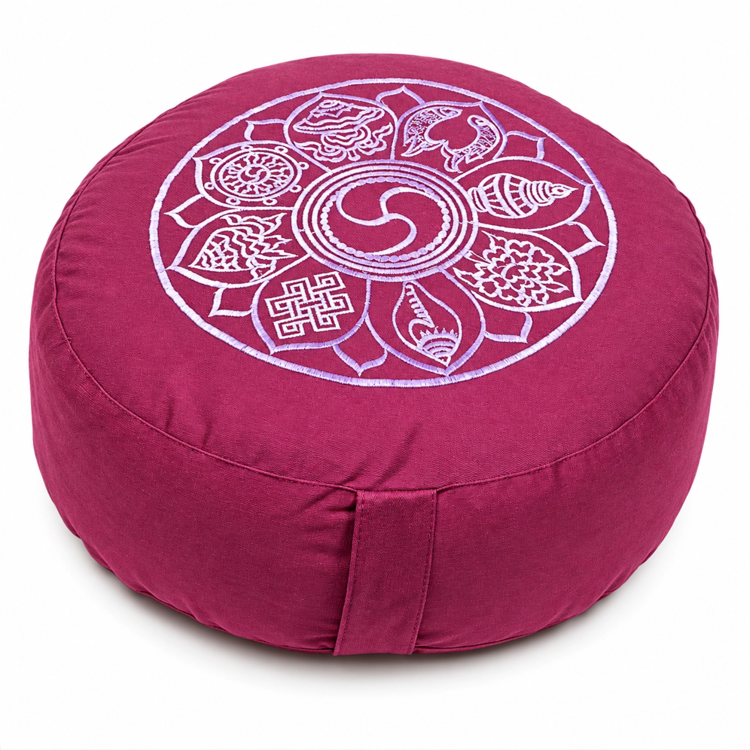 Meditationskissen Acht Glückssymbole in Aubergine mit heller Stickerei und seitlichem Tragegriff
