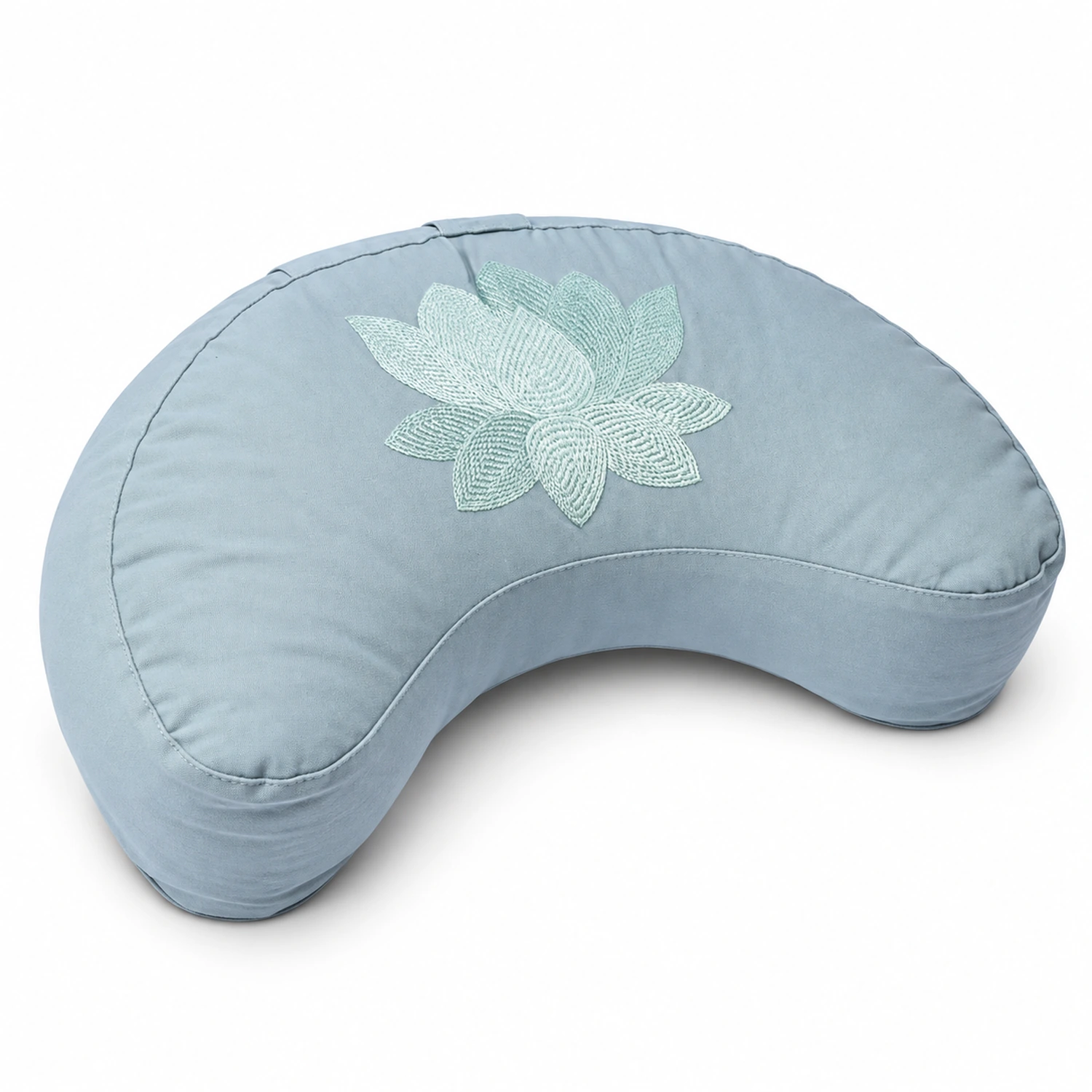 Halbmondkissen Lotus Hellblau, erhöhte Schrägansicht mit vollständig sichtbarem Motiv auf der Sitzfläche.