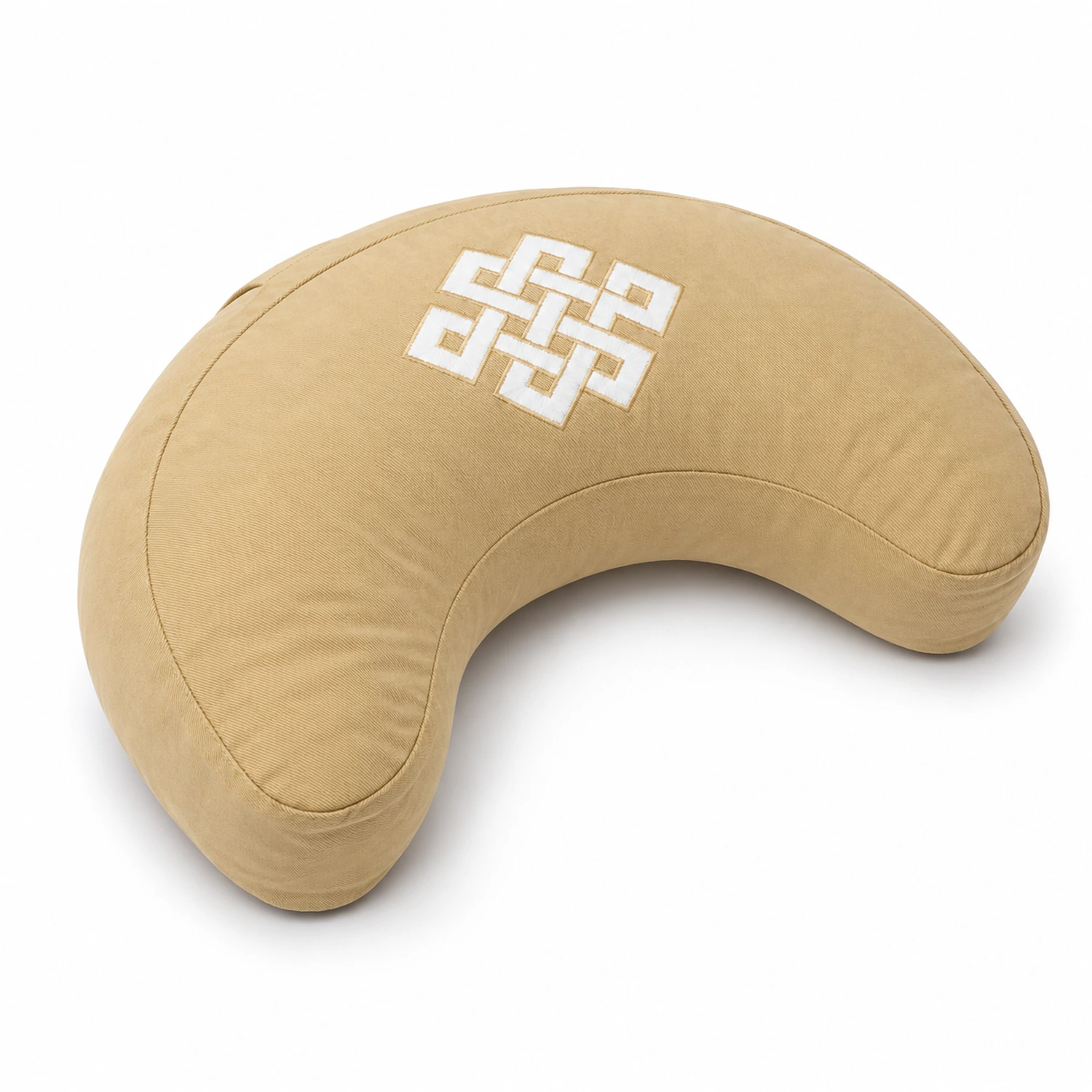 Halbmondkissen Unendlicher Knoten Beige, erhöhte Schrägansicht mit vollständig sichtbarem Motiv auf der Sitzfläche.