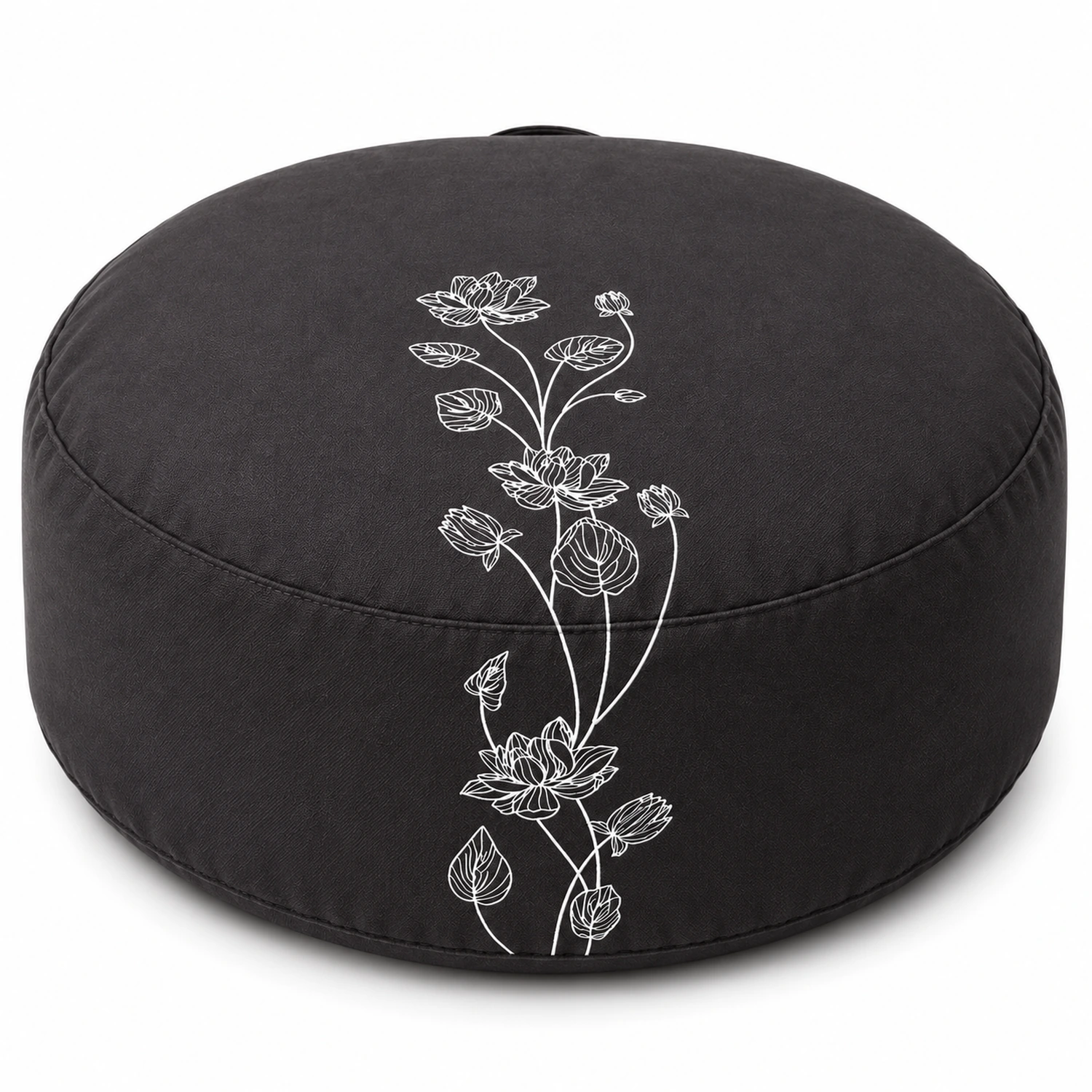 Meditationskissen Lotus aus Bio-Baumwolle – erhöhte Vorderansicht mit sichtbarer Stickerei auf weißem Hintergrund.