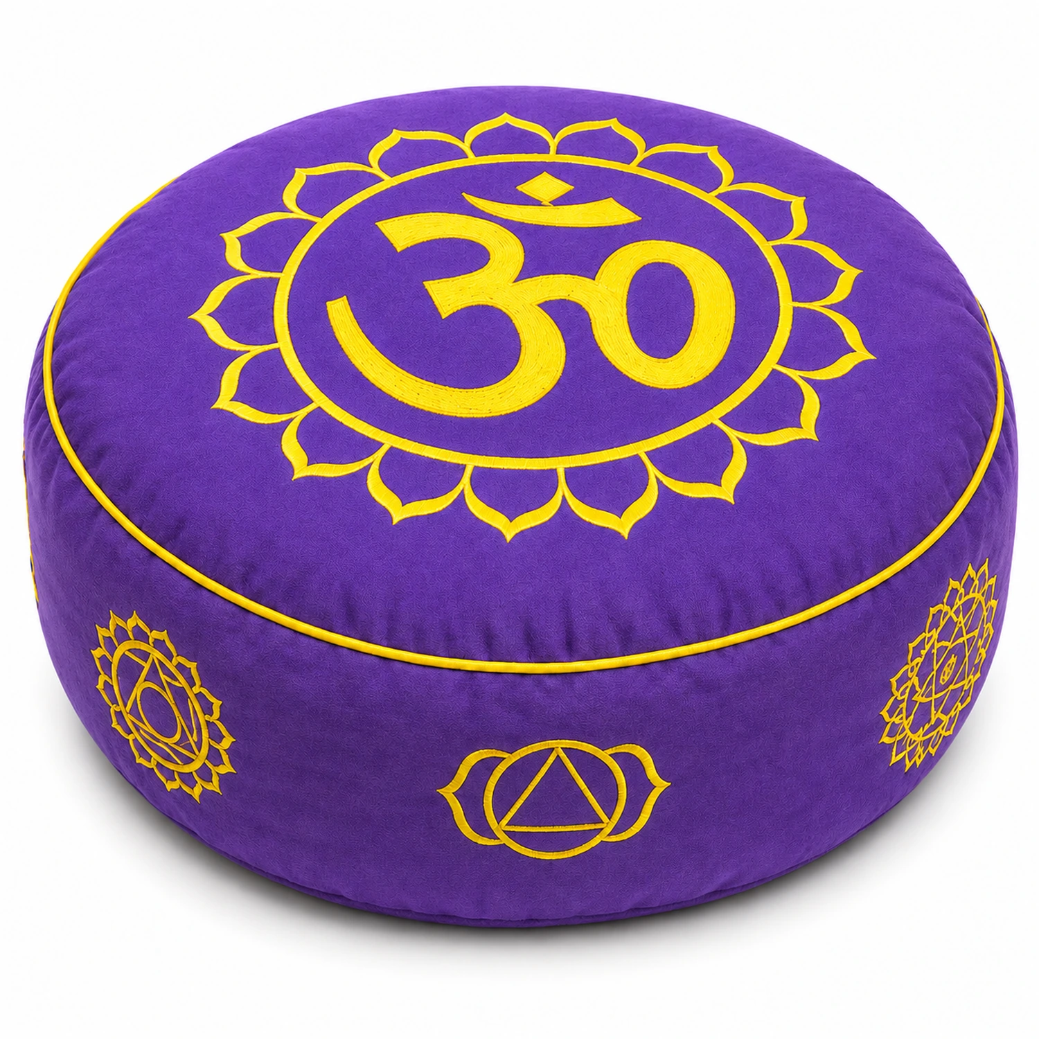 Yogakissen Kundalini Lila Om – erhöhte Vorderansicht mit sichtbarer Stickerei auf weißem Hintergrund.