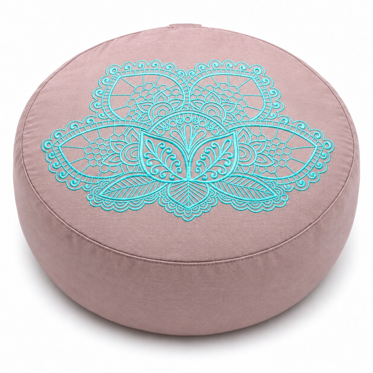 Meditationskissen Lotus – erhöhte Vorderansicht mit sichtbarer Stickerei auf weißem Hintergrund.