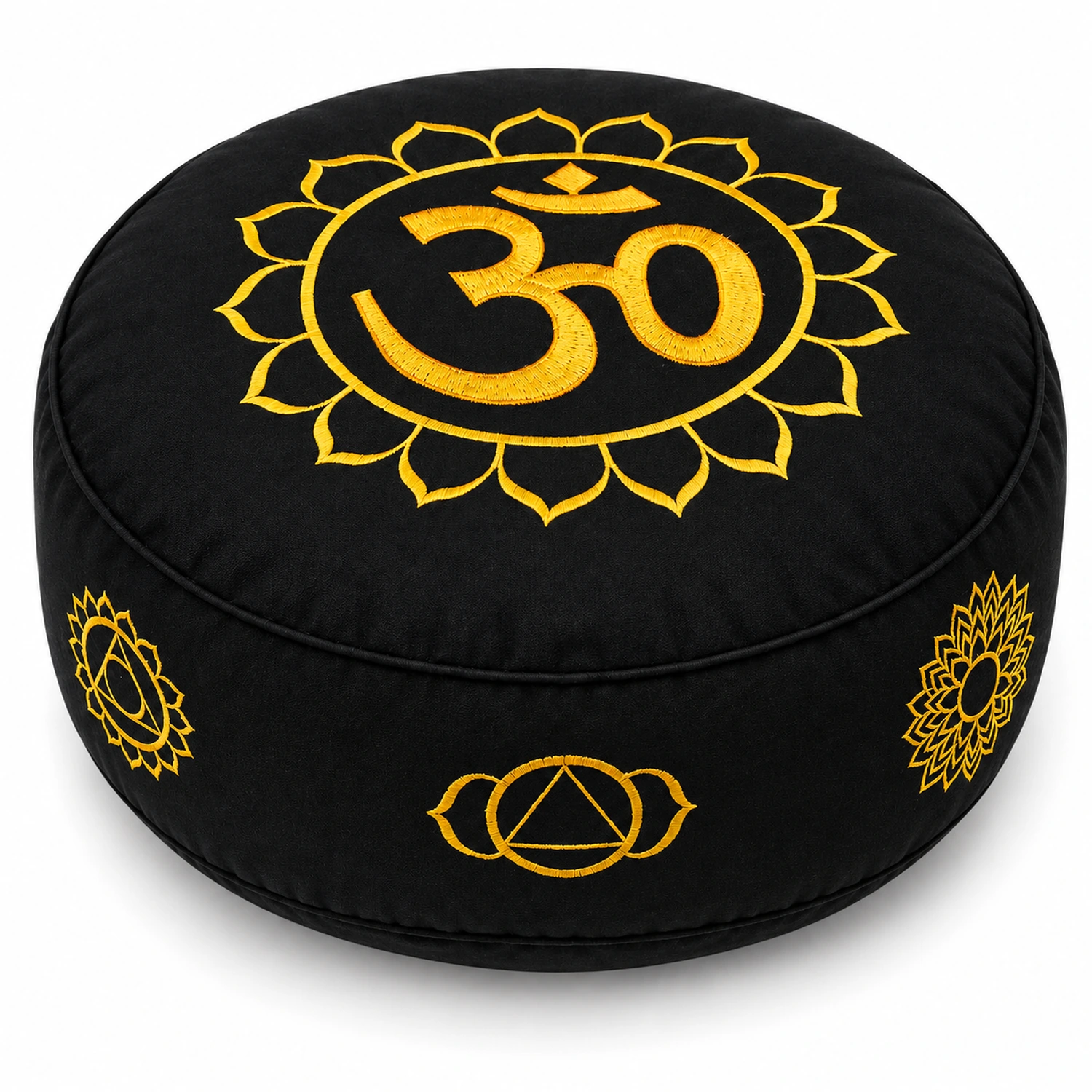 Meditationskissen 7 Chakren OM Schwarz-Gold – erhöhte Vorderansicht mit sichtbarer Stickerei auf weißem Hintergrund.