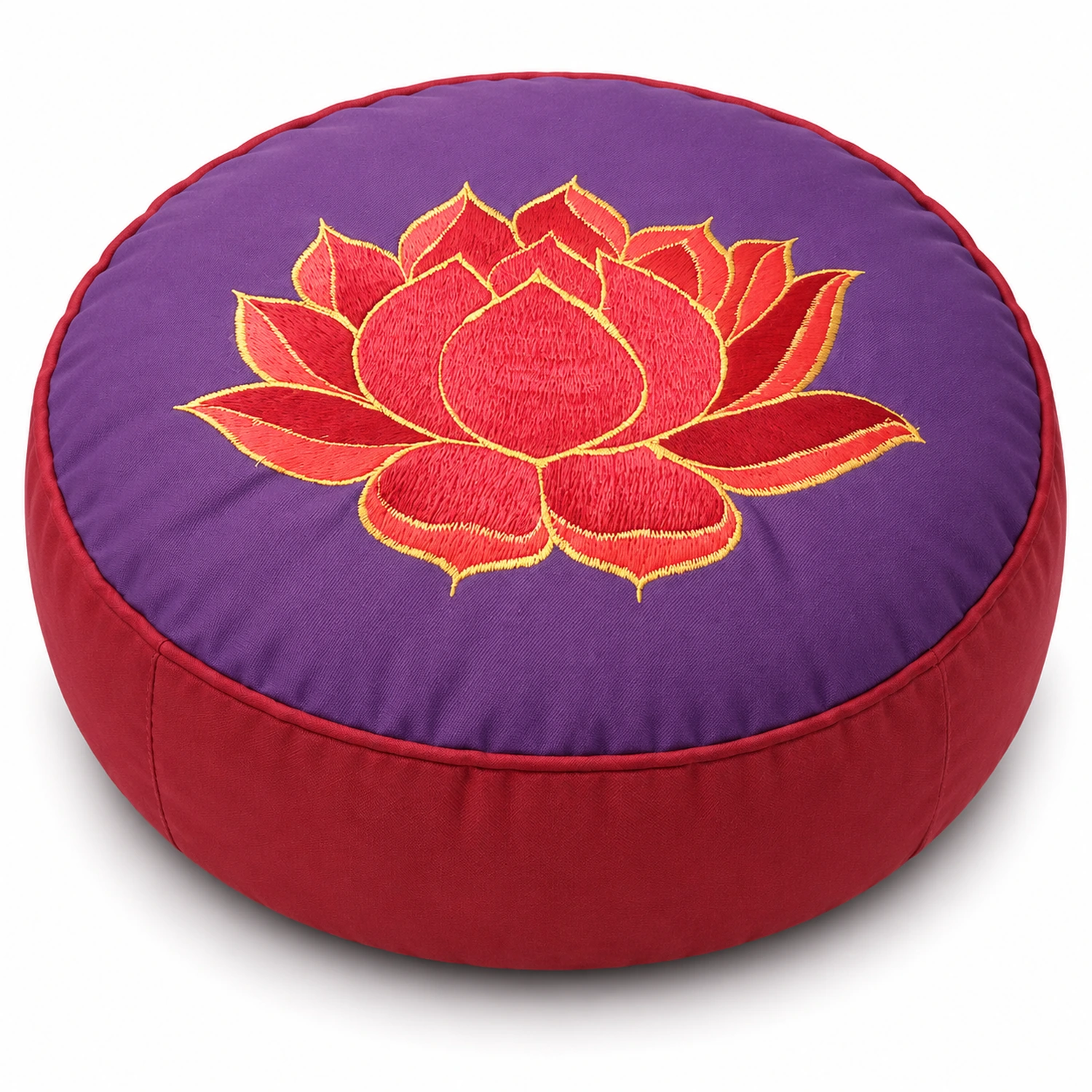 Yoga Sitzkissen Lotus Violett Red – erhöhte Vorderansicht mit sichtbarer Stickerei auf weißem Hintergrund.