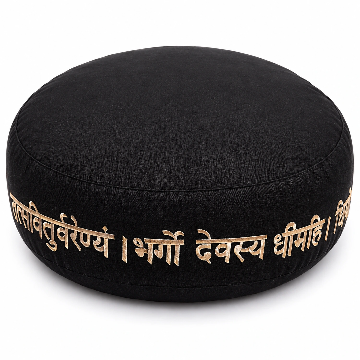 Meditationskissen Gayatri Mantra Baumwolle BIO (OCS) – erhöhte Vorderansicht mit sichtbarer Stickerei auf weißem Hintergrund.