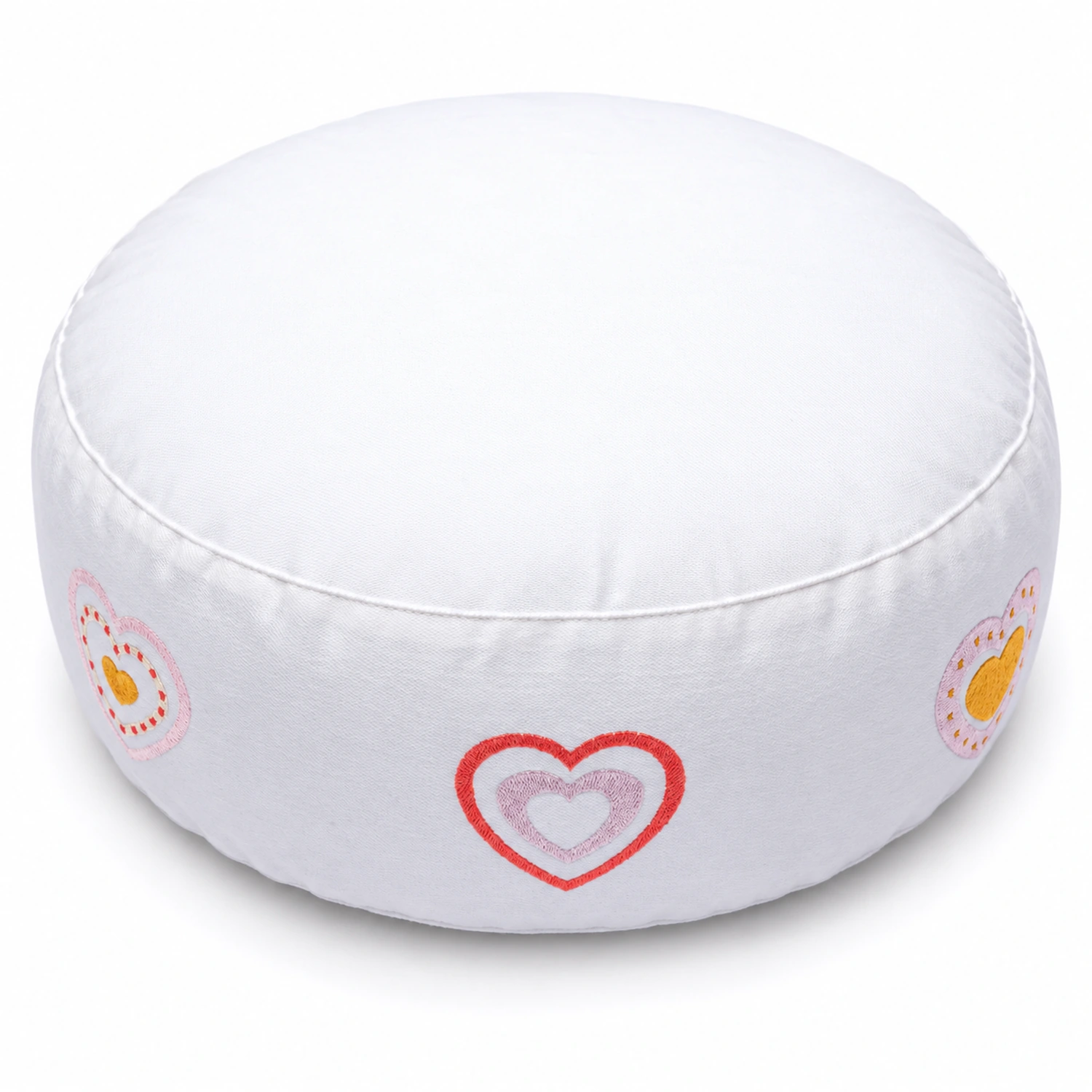 Meditationskissen Weiß Herzen Bio-Baumwolle (OCS) – erhöhte Vorderansicht mit sichtbarer Stickerei auf weißem Hintergrund.