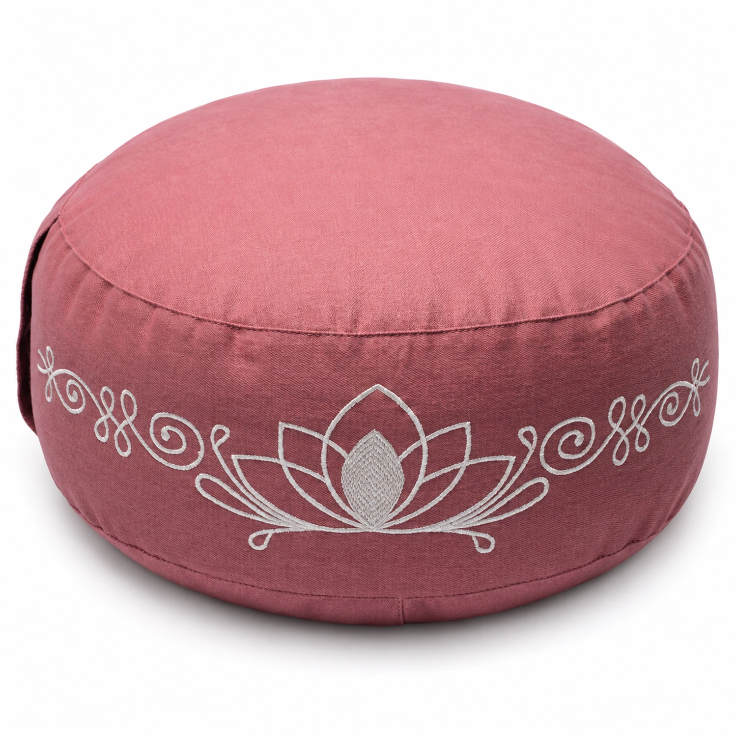 Yogakissen Altrosa Lotus Bio-Baumwolle (OCS) – erhöhte Vorderansicht mit sichtbarer Stickerei auf weißem Hintergrund.