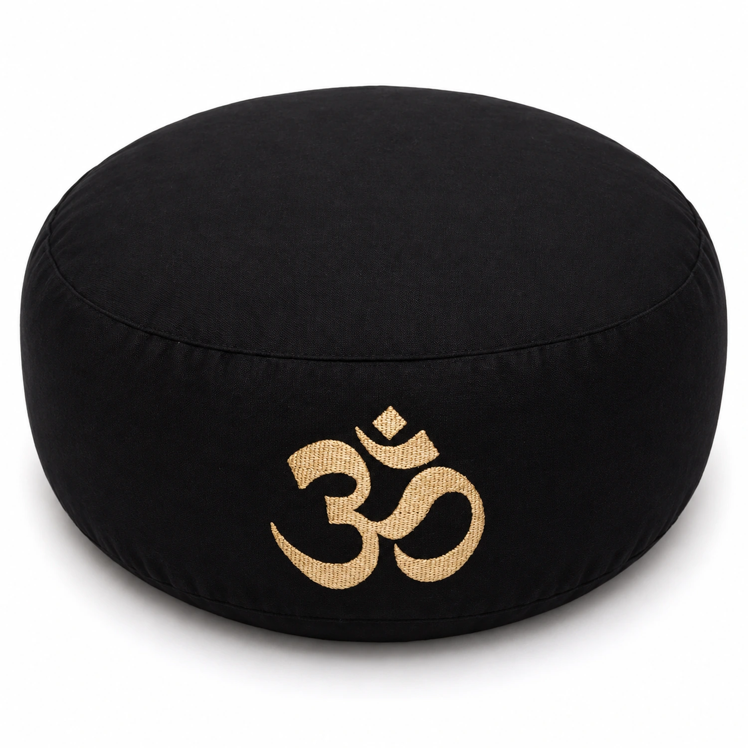 Meditationskissen Black OM Baumwolle BIO (OCS) – erhöhte Vorderansicht mit sichtbarer Stickerei auf weißem Hintergrund.