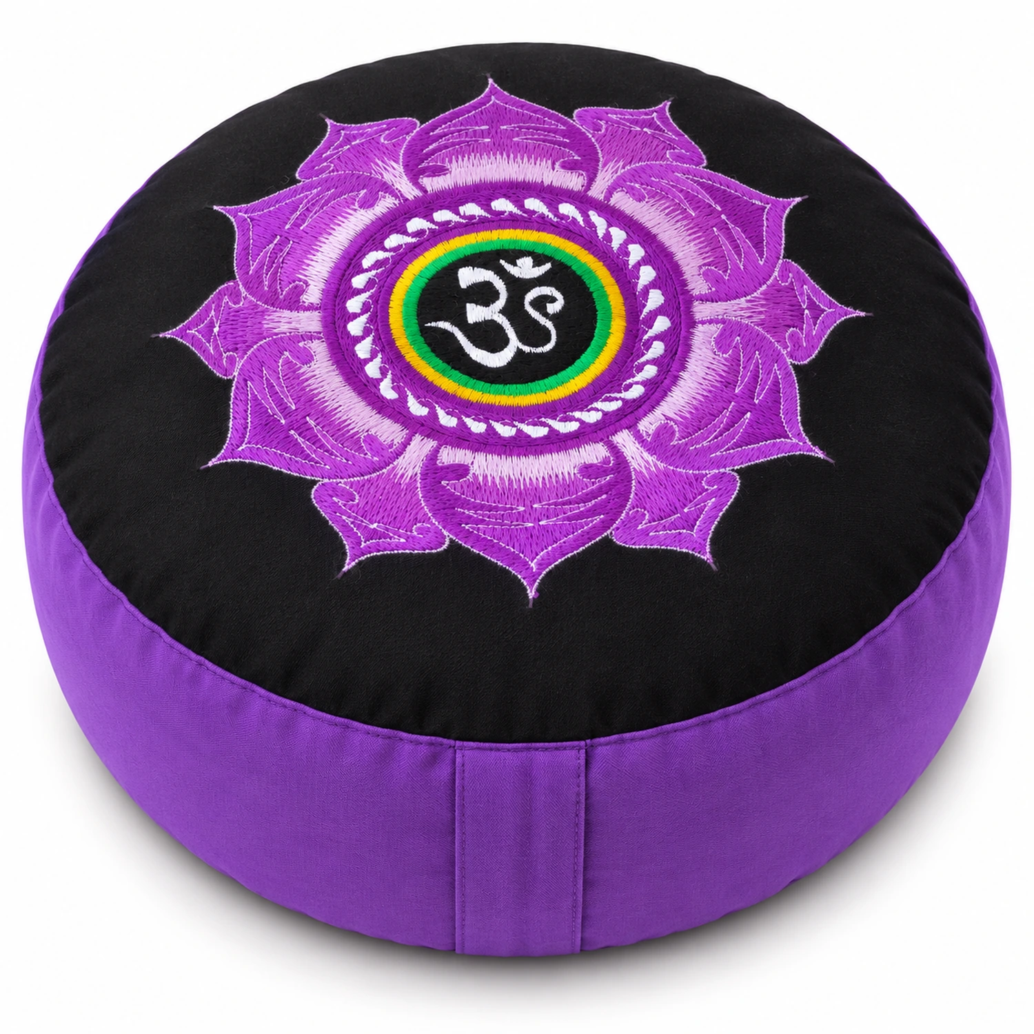 Yoga Sitzkissen Lotus Blüte Om – erhöhte Vorderansicht mit sichtbarer Stickerei auf weißem Hintergrund.