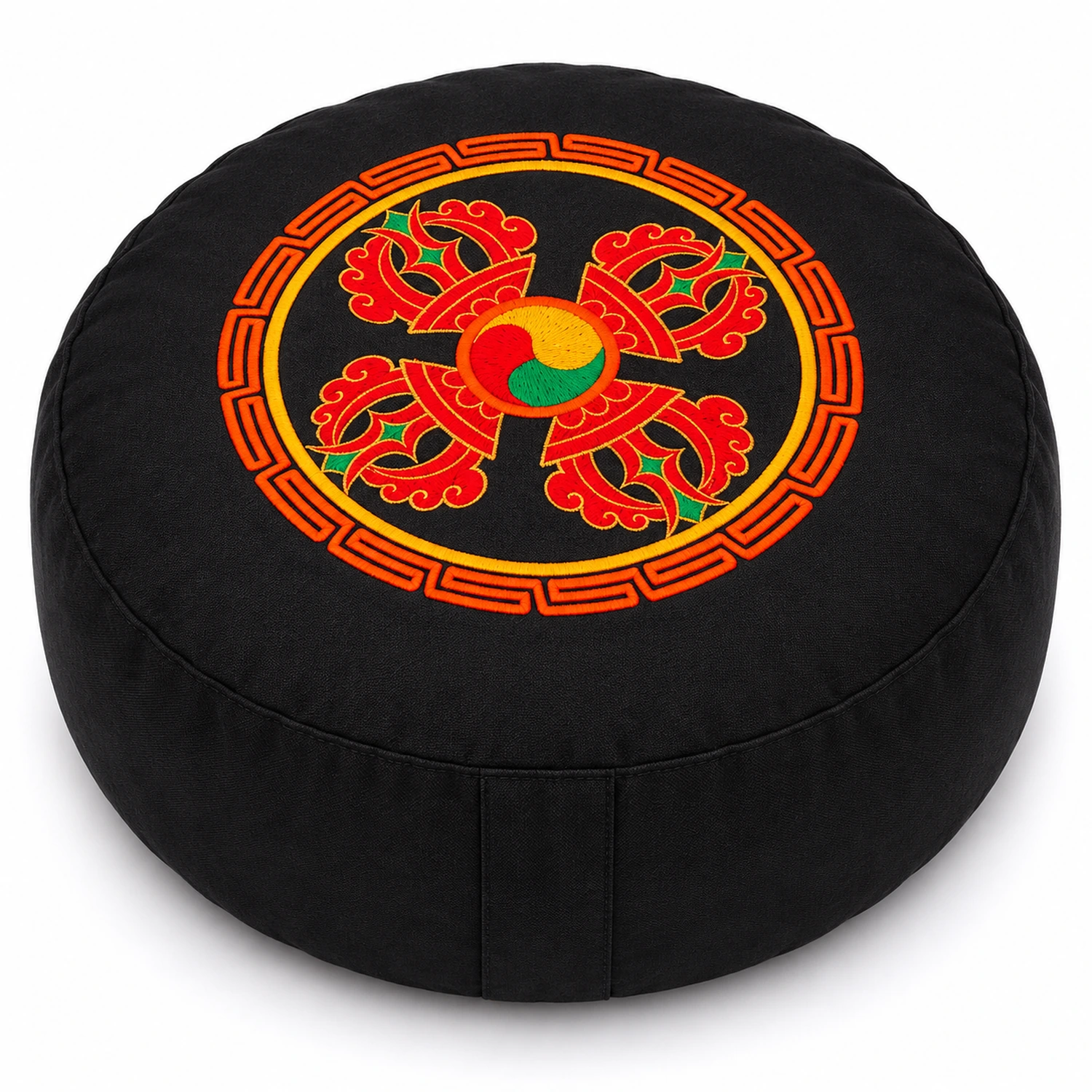 Yogakissen mit Doppeldorje Black-Orange Stickerei – erhöhte Vorderansicht mit sichtbarer Stickerei auf weißem Hintergrund.