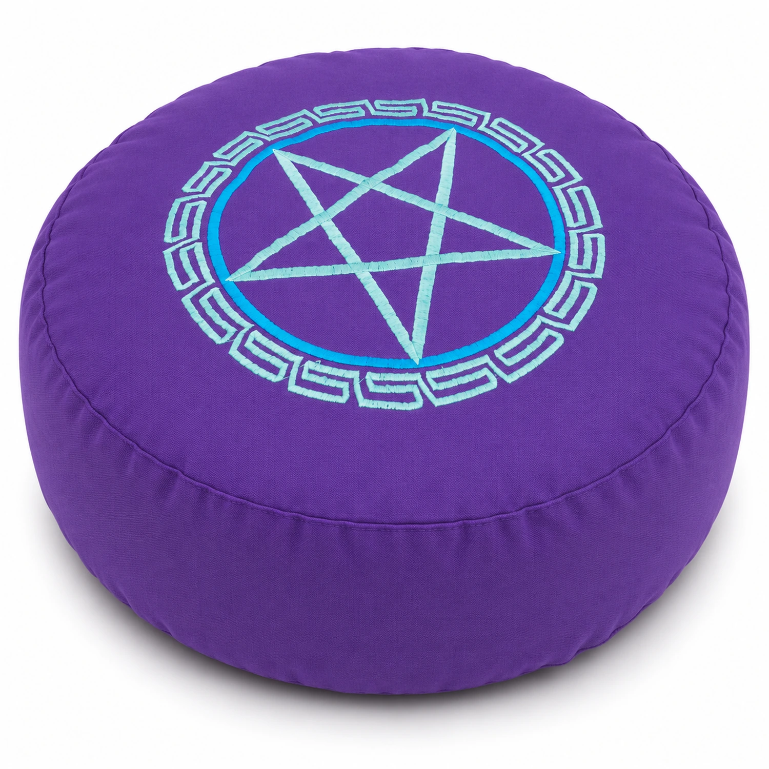 Yogakissen Pentagramm – erhöhte Vorderansicht mit sichtbarer Stickerei auf weißem Hintergrund.