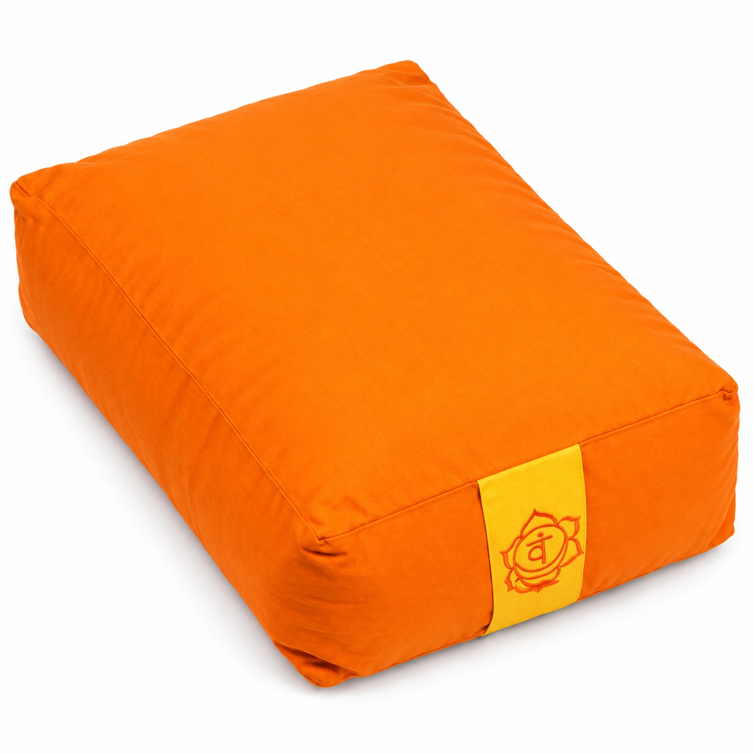 Yoga Rechteckkissen Svadhisthana Sakralchakra Orange – rechteckige Hauptansicht mit Chakra-Stickerei vor weißem Hintergrund
