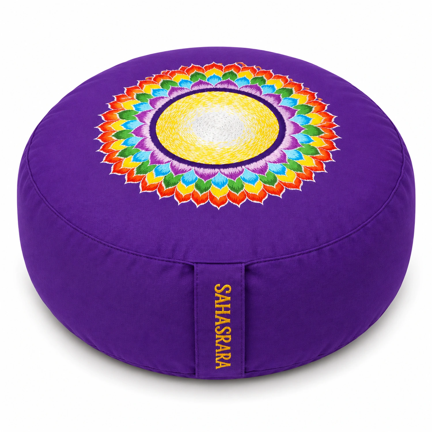 Meditationskissen Sahasrara Chakra 7 Ø 33 cm – runde Hauptansicht mit Chakra-Stickerei vor weißem Hintergrund
