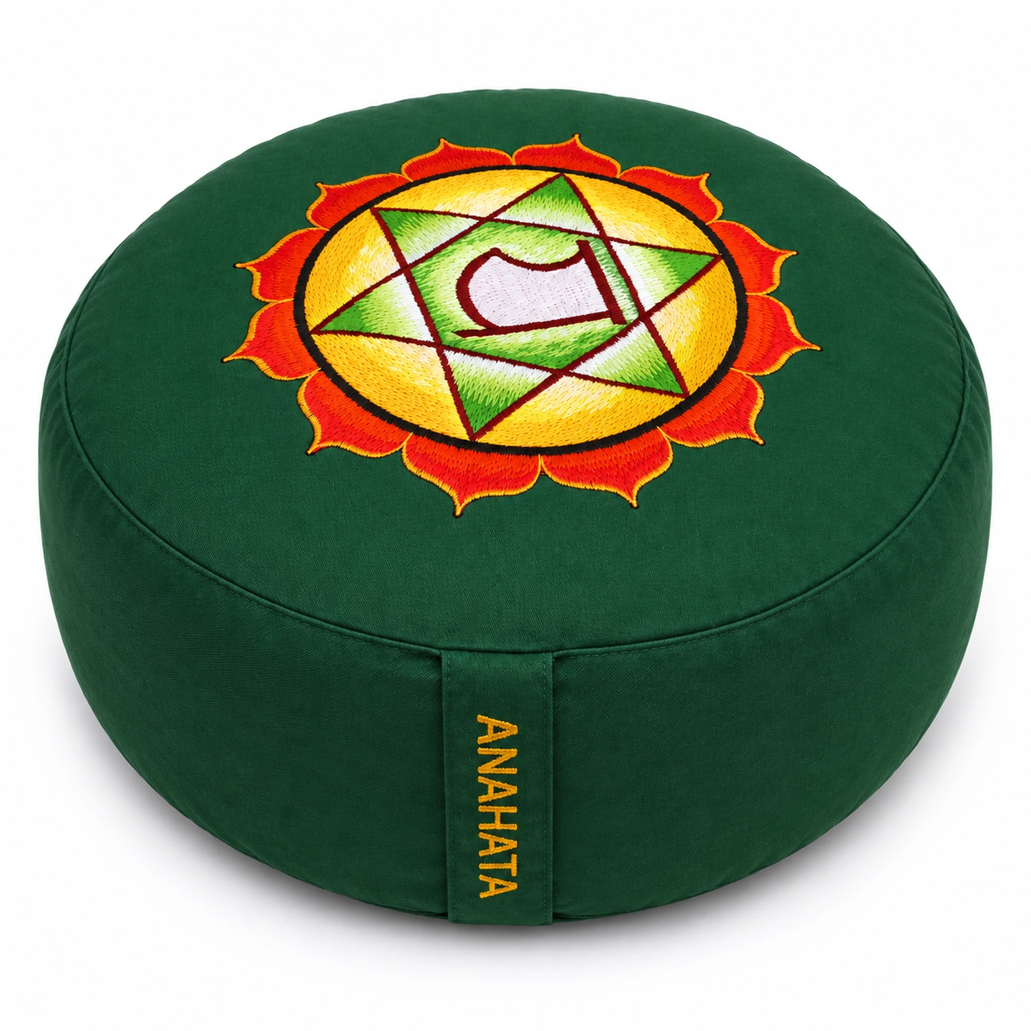 Meditationskissen Anahata Chakra 4 Ø 33 cm – runde Hauptansicht mit Chakra-Stickerei vor weißem Hintergrund