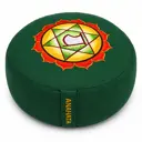 Rundes Chakra-Meditationskissen in Grün mit Anahata-Motiv (Chakra 4)