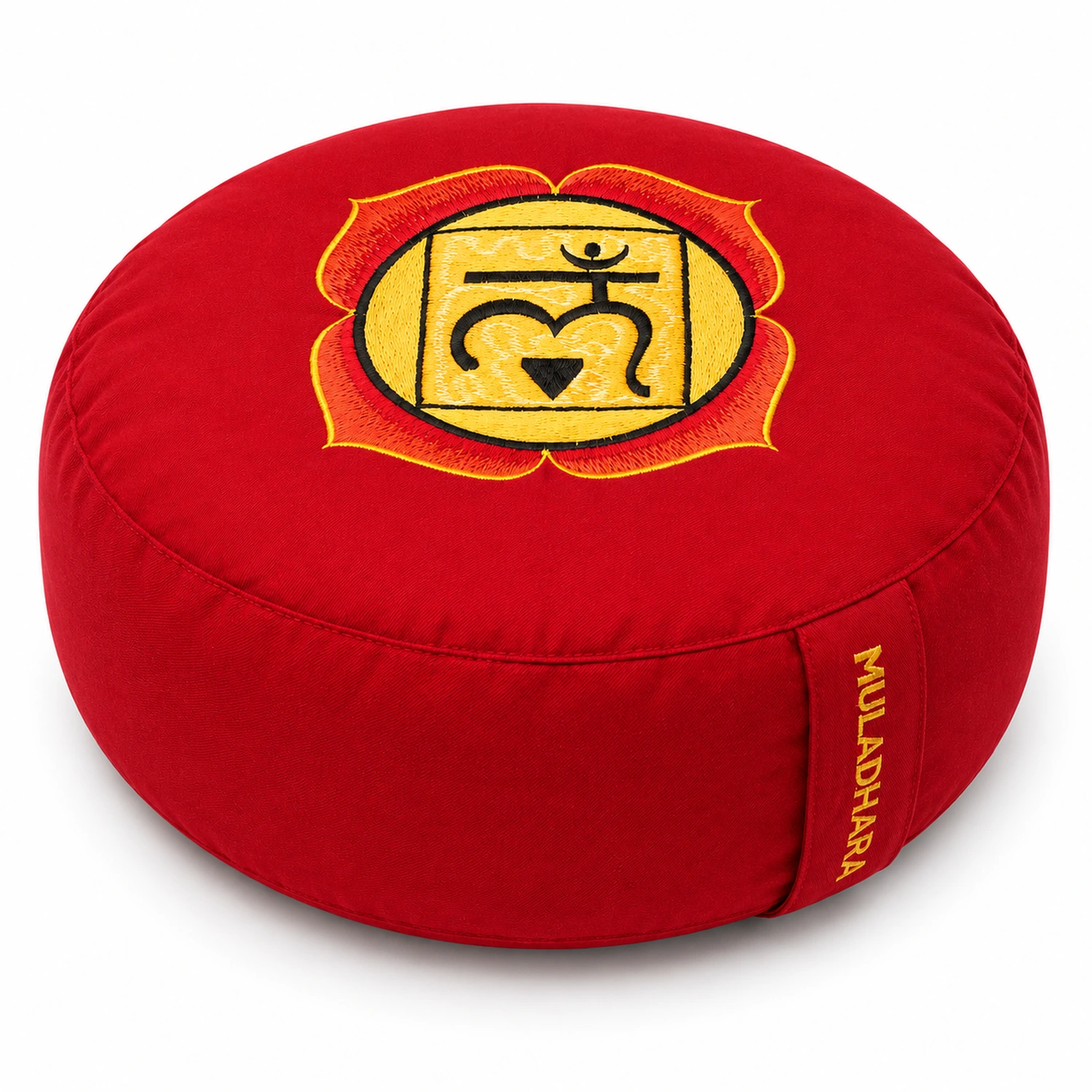 Meditationskissen Muladhara Chakra 1 Ø 33 cm – runde Hauptansicht mit Chakra-Stickerei vor weißem Hintergrund