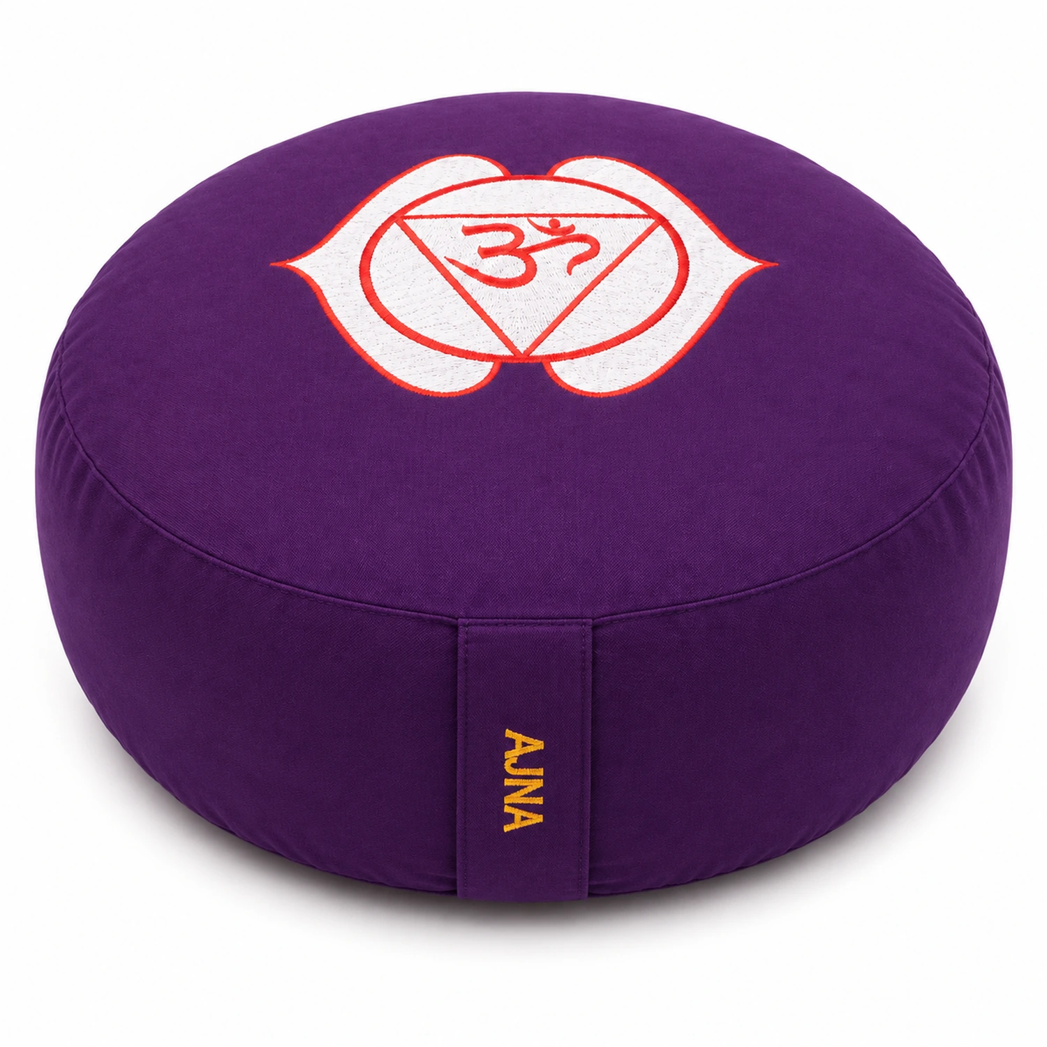 Meditationskissen Ajna Chakra 6 Ø 33 cm – runde Hauptansicht mit Chakra-Stickerei vor weißem Hintergrund