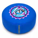 Rundes Chakra-Meditationskissen in Blau mit Vishuddha-Motiv (Chakra 5)