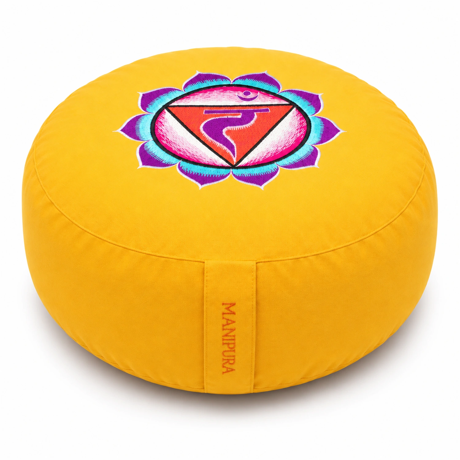 Meditationskissen Manipura Chakra 3 Ø 33 cm – runde Hauptansicht mit Chakra-Stickerei vor weißem Hintergrund