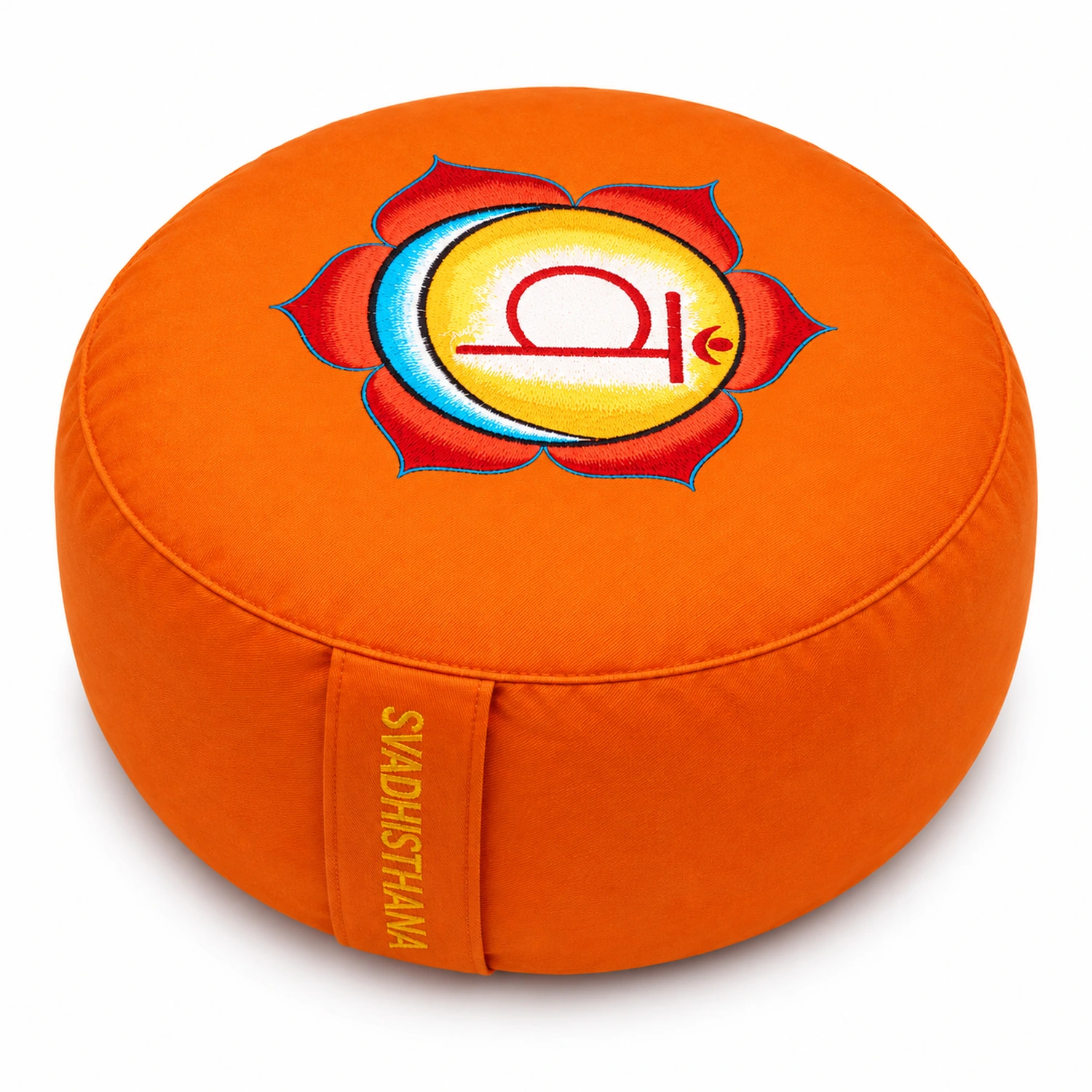 Meditationskissen Svadhisthana Chakra 2 Ø 33 cm – runde Hauptansicht mit Chakra-Stickerei vor weißem Hintergrund