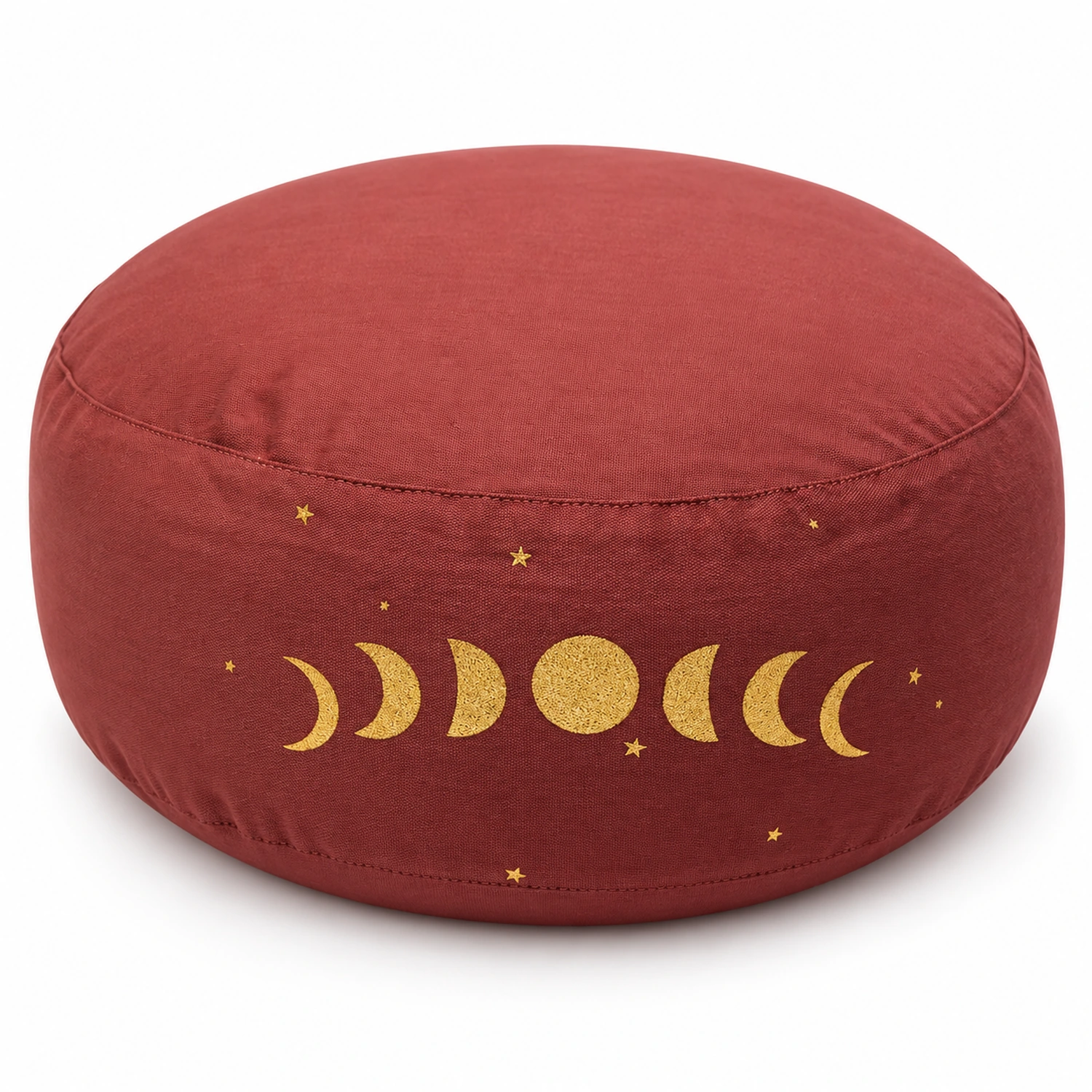 Rotes rundes Meditationskissen mit goldenen Mondphasen und Sternen an der Seite
