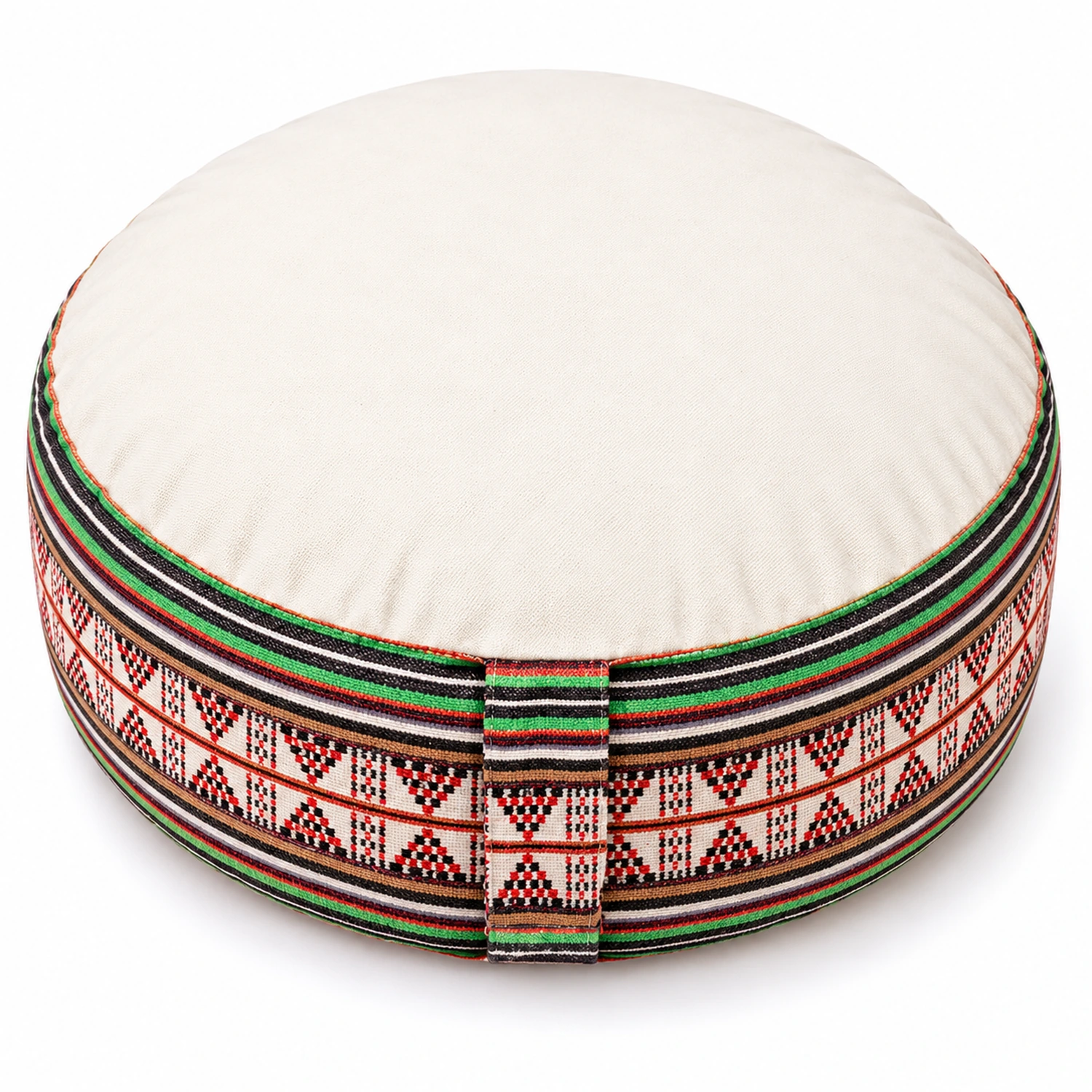Rundes Meditationskissen mit heller Sitzfläche und mehrfarbiger Ornamentbordüre an der Seite