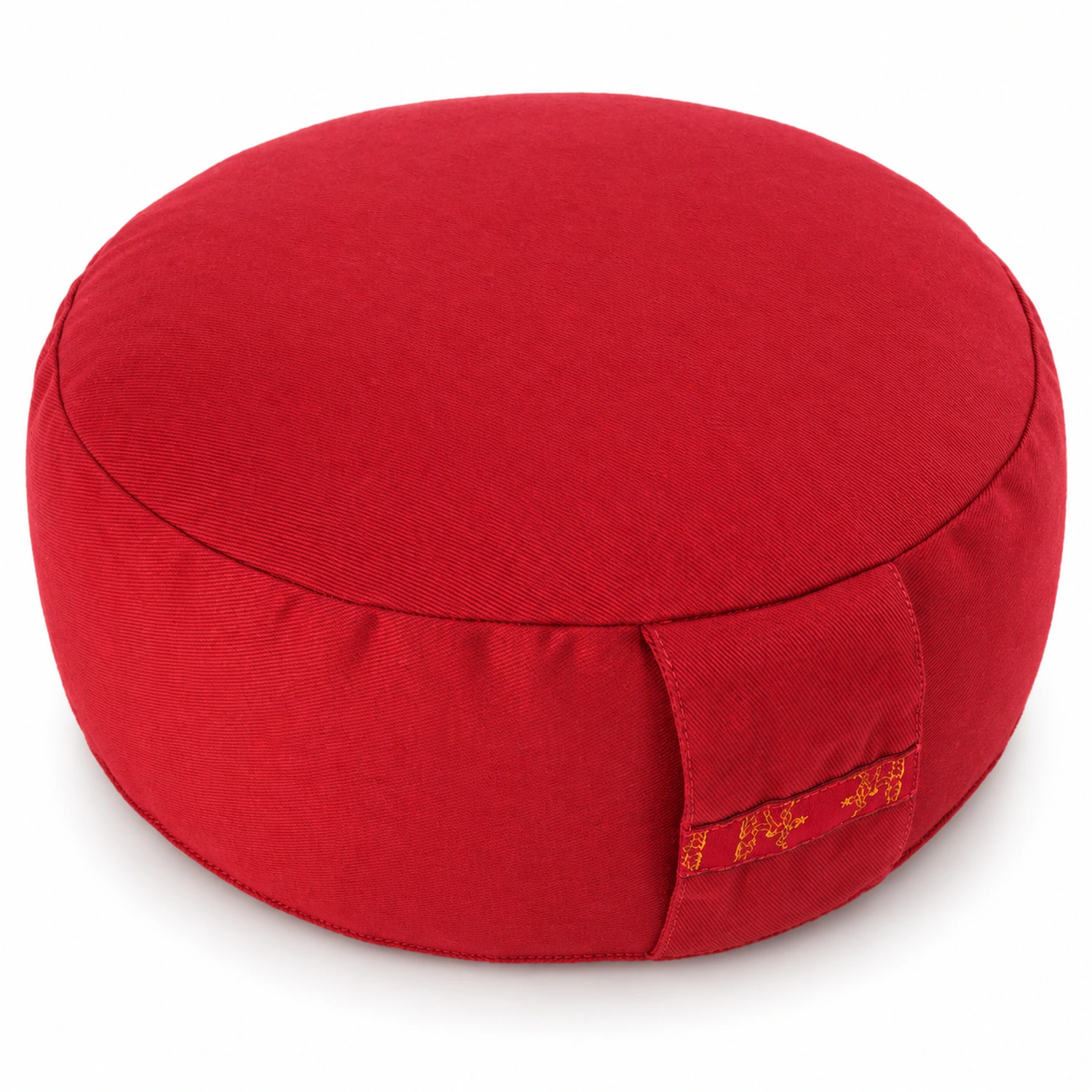Rotes rundes Lotus-Design-Meditationskissen mit Zierband am Tragegriff, 14 cm hoch