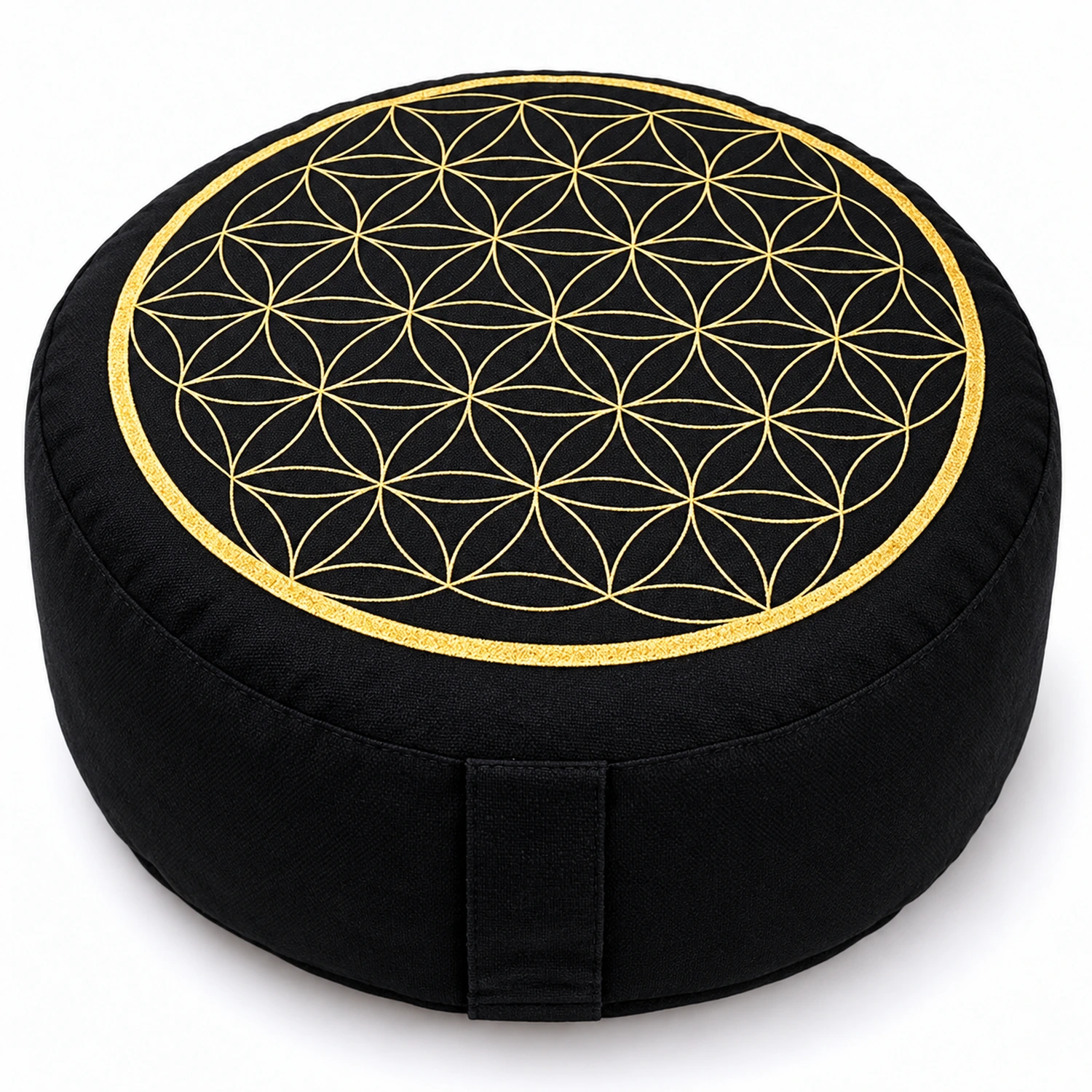 Schwarzes rundes Meditationskissen mit goldener Blume des Lebens auf der Sitzfläche