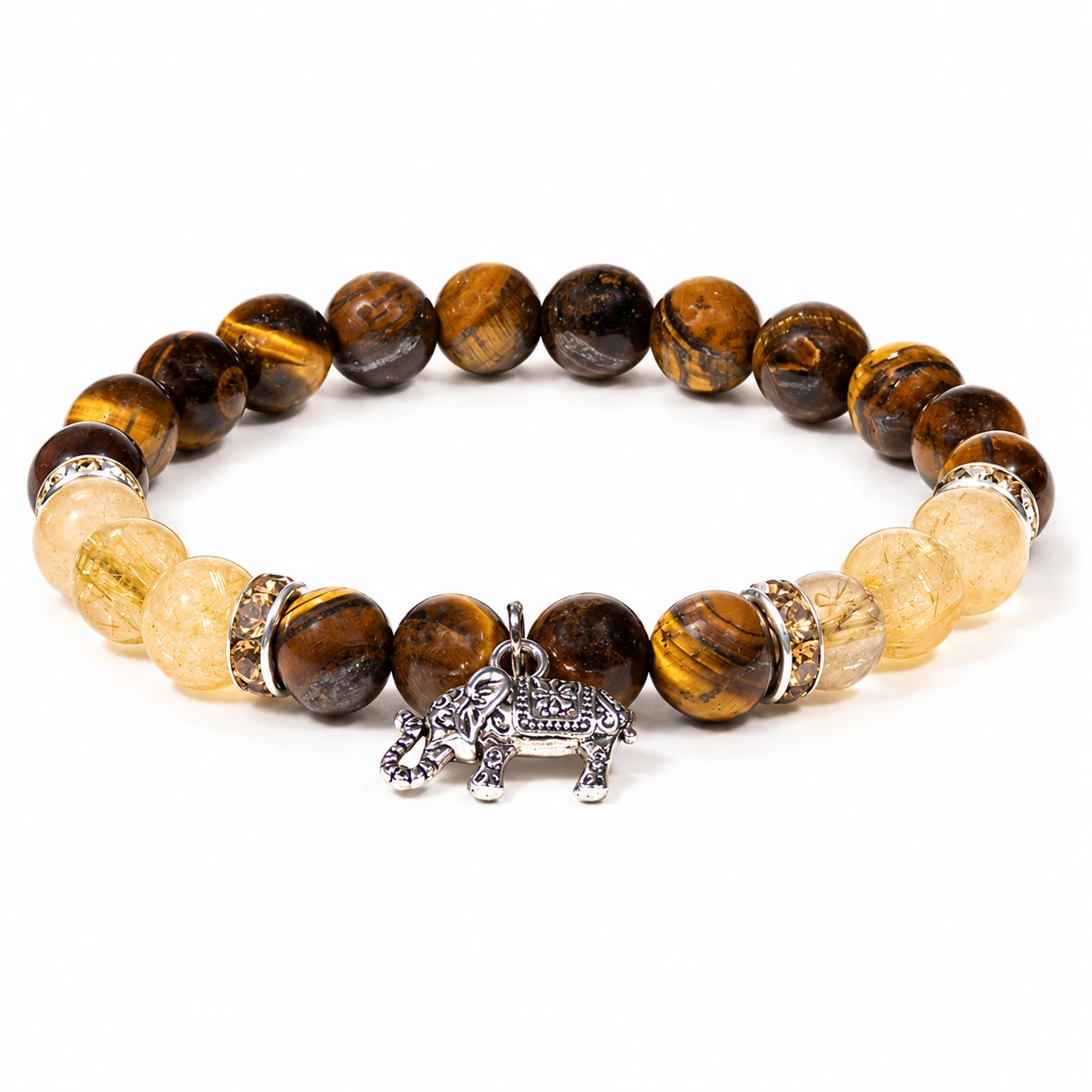 Armband aus Tigerauge und Rutilquarz mit Elefantenanhänger auf Weiß