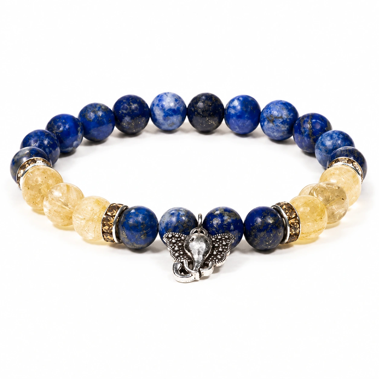 Armband aus Lapislazuli und Rutilquarz mit Ganesha-Anhänger auf Weiß