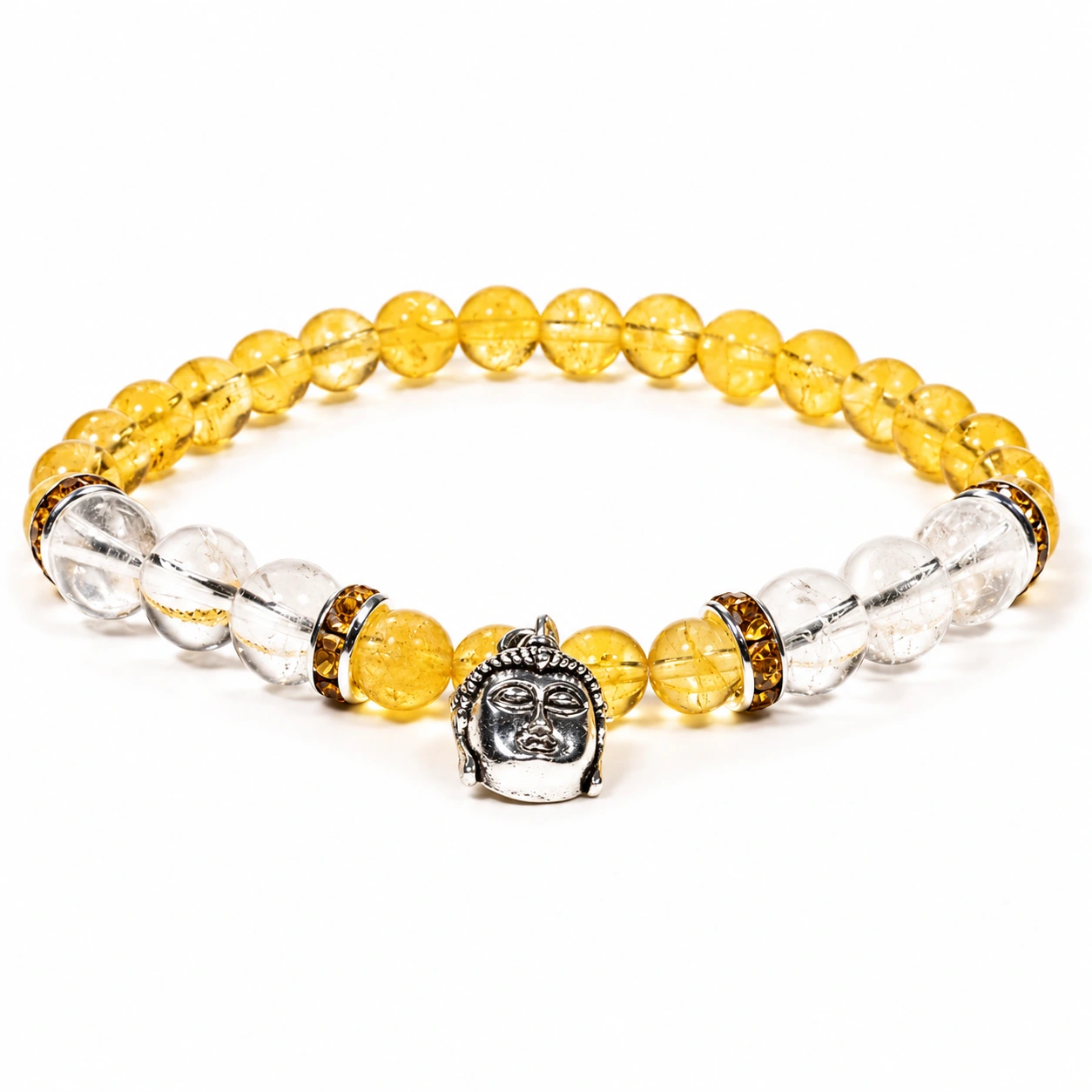 Citrin-Bergkristall-Armband mit Buddha-Anhänger auf Weiß