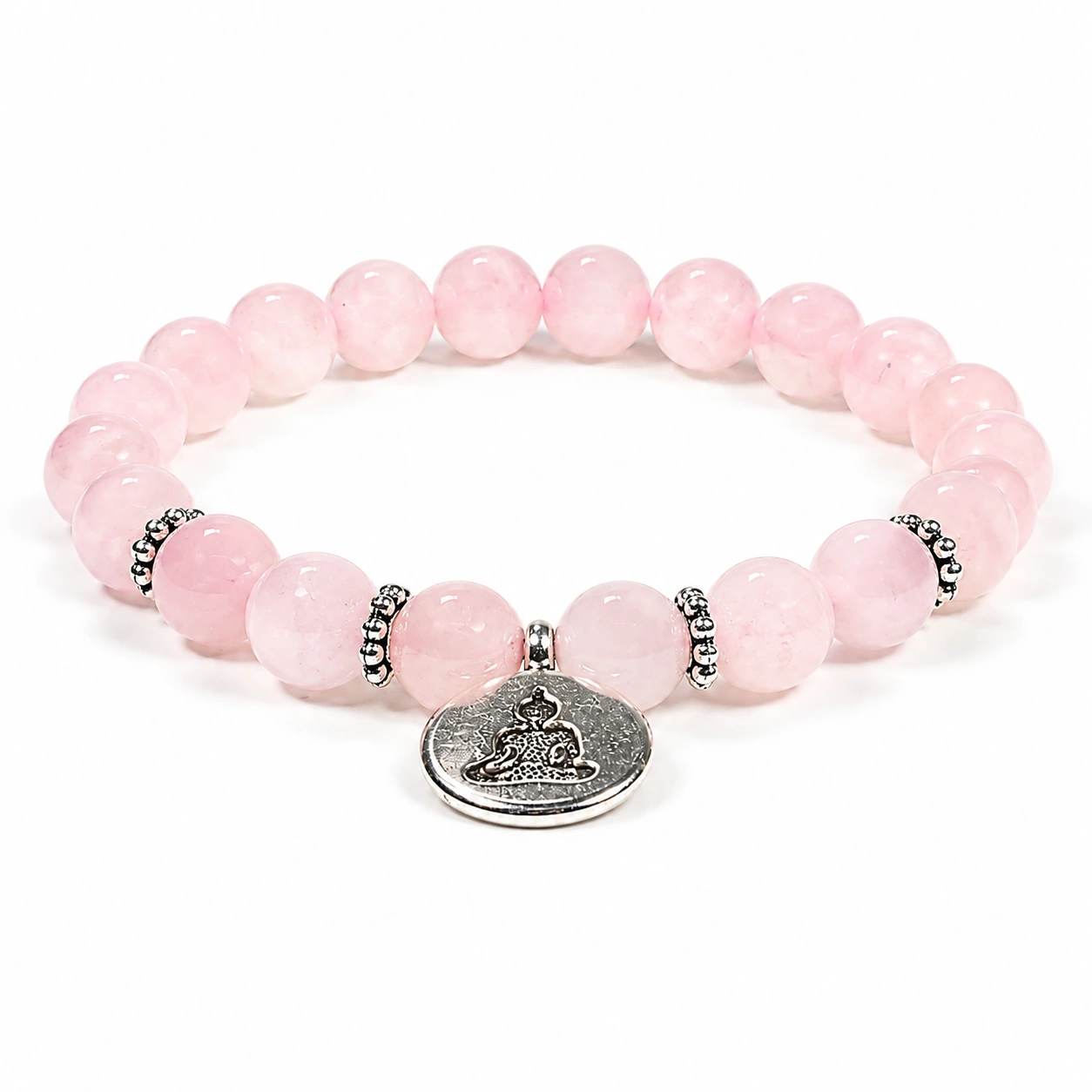 Rosenquarz-Armband mit rundem Buddha-Anhänger auf Weiß