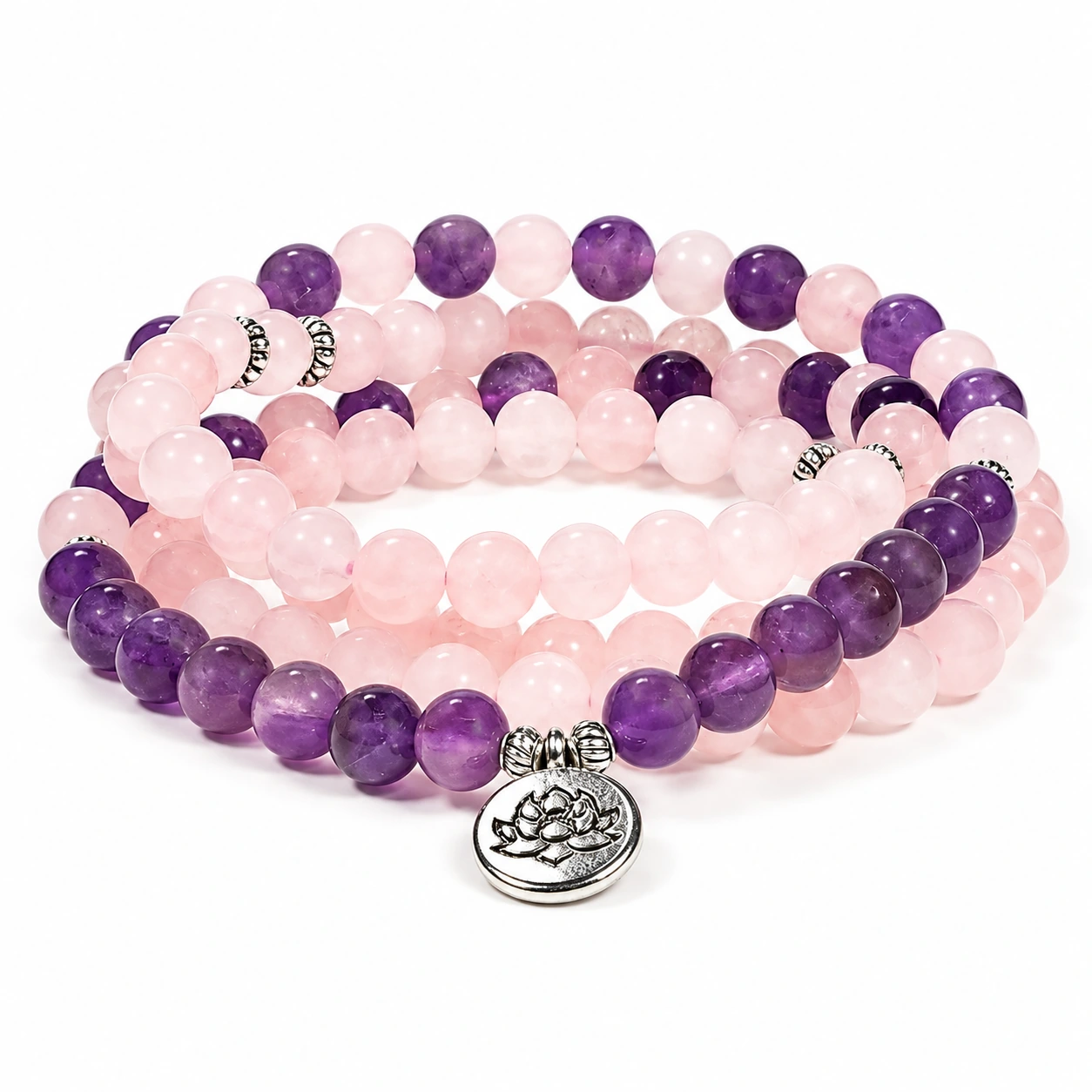 Gerollte Mala aus rosa Rosenquarz und violettem Amethyst mit Lotus-Anhänger