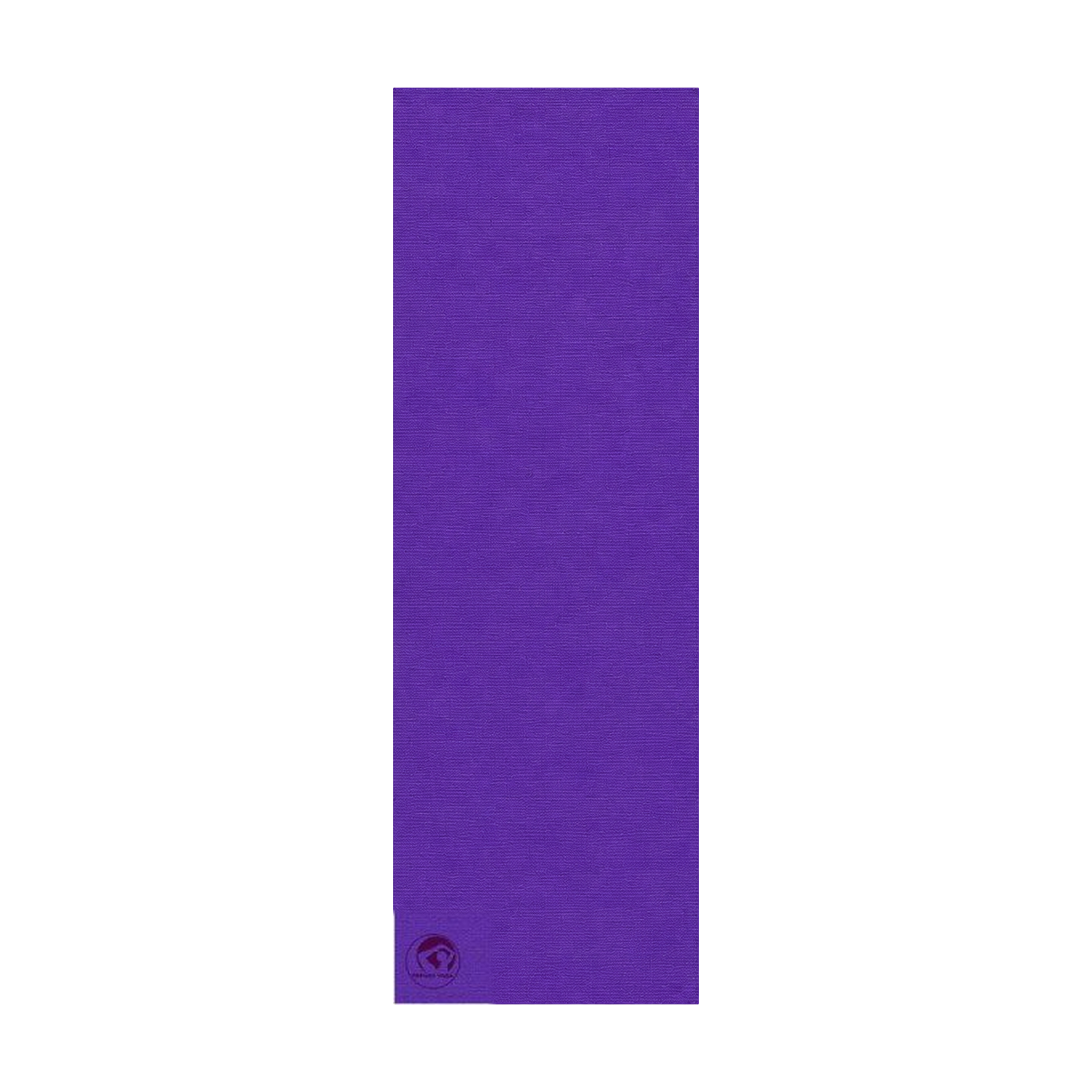 Lila Yogamatte in rechteckiger Form, von oben fotografiert, mit strukturierter, rutschfester Oberfläche und kleinem Markenlogo in einer Ecke auf weißem Hintergrund.