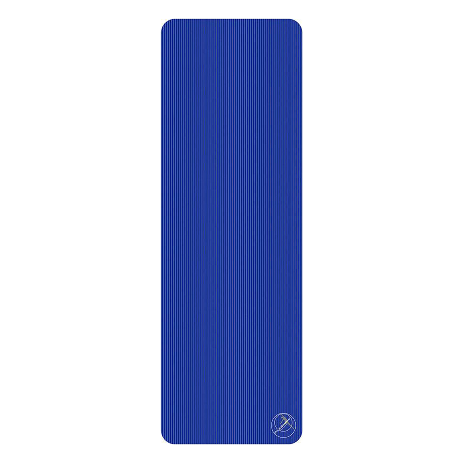 Längliche blaue Matte mit abgerundeten Ecken, feiner vertikaler Streifenstruktur und kleinem rundem Logo in der unteren rechten Ecke auf weißem Hintergrund.
