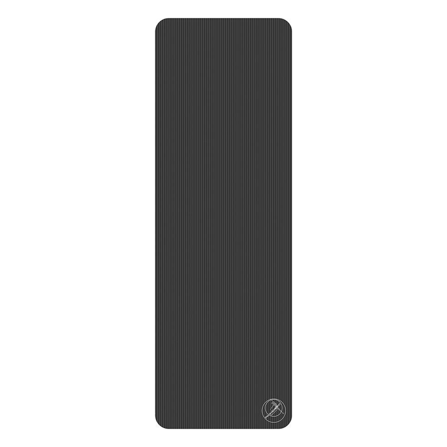 Schwarze, längliche und rechteckige Matte mit abgerundeten Ecken und feiner vertikaler Rillenstruktur. Unten rechts befindet sich ein kleines rundes Symbol. Die Matte ist auf weißem Hintergrund abgebildet.